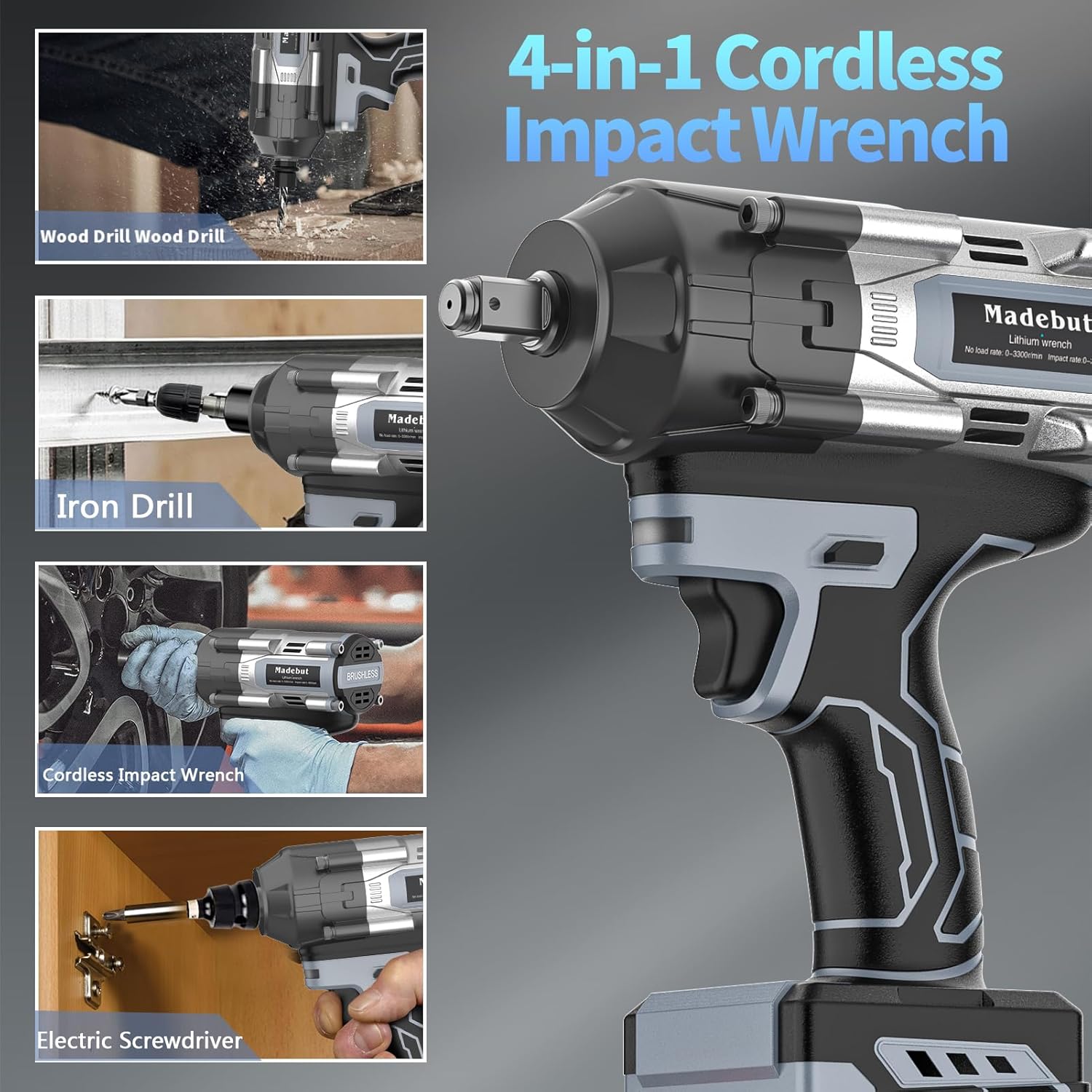 Cordless Impact Wrench, 3-Speed Cordless Impact Gun with 2pcs 4.0Mah Electric Impact Wrenches, 1000N.m (740ft) with 5 Sleeves, 1/2 High Torque Impact Wrench, Wrenches