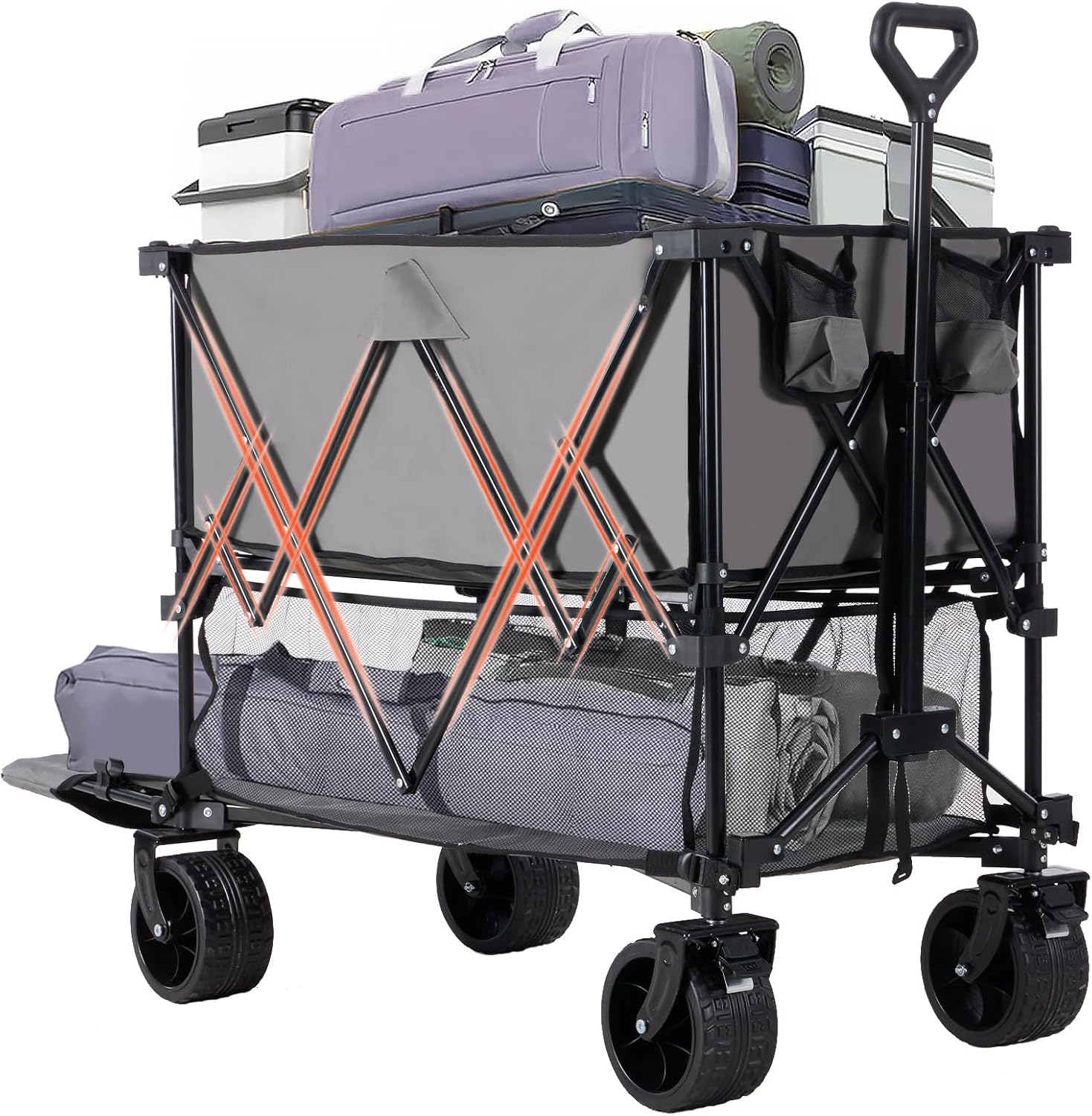 Large Capacity Folding Double Decker Wagon with Brakes, 440lbs Wagons Carts Foldable Wagon Cart with Flexible Handle