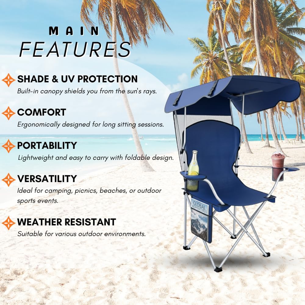Portable Folding Camping Chairs with CanopyShade, Beach Chair for Adults, DurableWeather Resistant 600D Oxford Cloth,Camping Chair with Canopy for Outdoors