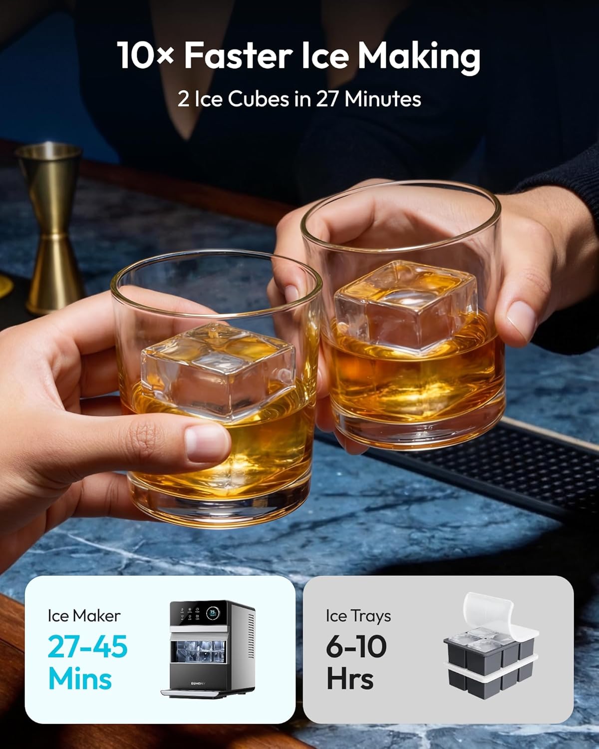 2'' Clear Ice Cube Maker Countertop with APP, 2 Square Ice Ready in 27 Mins for Whiskey, Slow-Melting & Self-Cleaning, 110 Pcs/Day, 24H Timer, Clear Ice Maker with Ice Tong for Home/Bar/Party