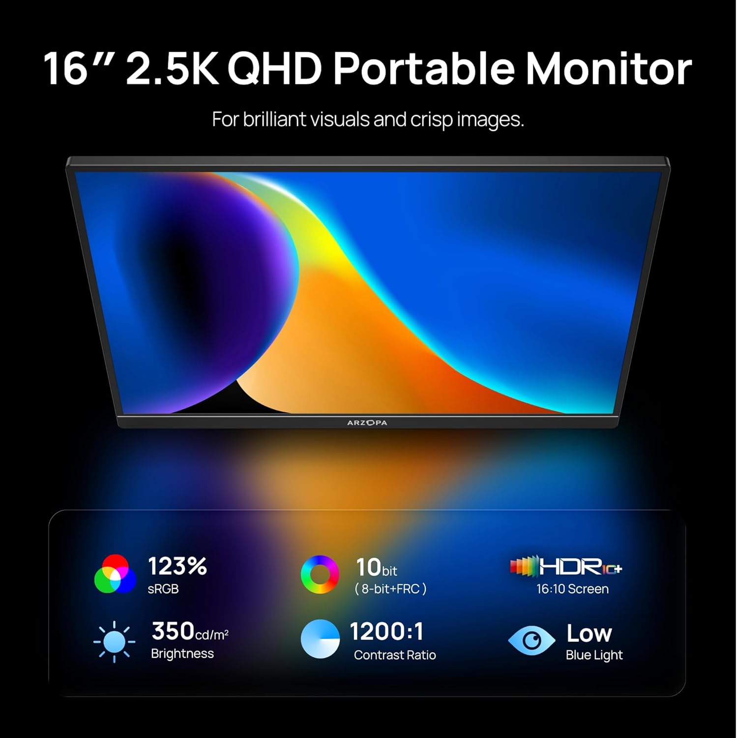 AR 16" 2.5K Portable Monitor, 2560x1600 QHD IPS Display 123% sRGB with Built-in Stand USB-C HDMI Eye Care External Second Screen for Mac Laptop Phone PS4/5 Xbox Switch