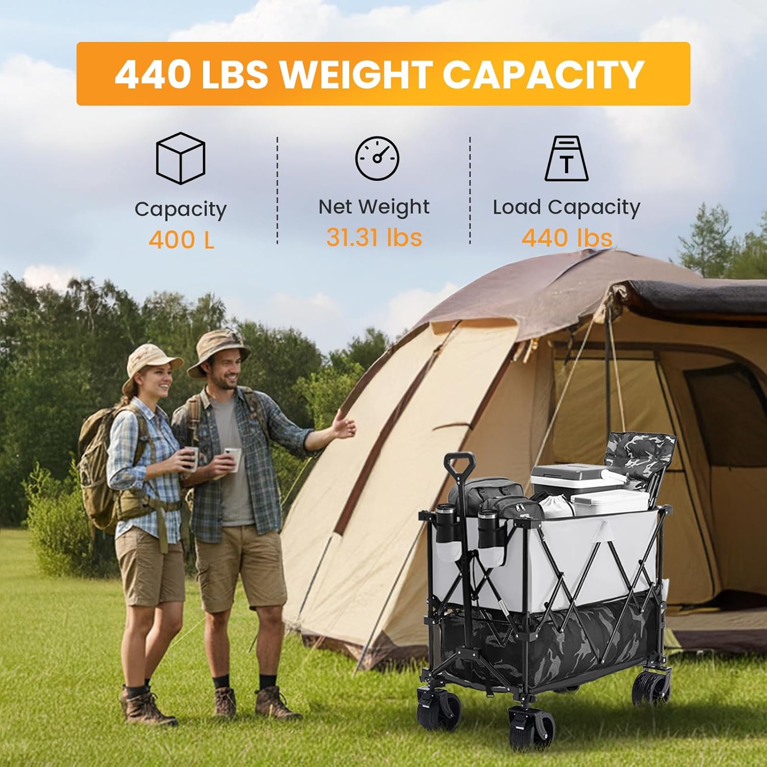 Large Capacity Folding Double Decker Wagon with Brakes, 440lbs Wagons Carts Foldable Wagon Cart with Flexible Handle