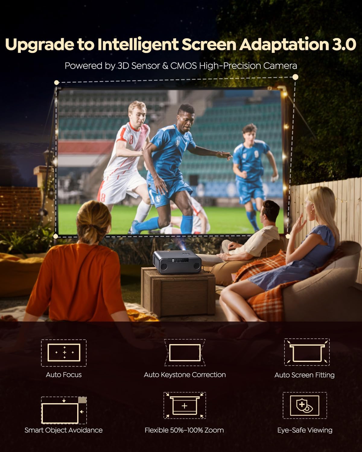 Smart 4K Outdoor Projector with WiFi & Bluetooth, Built-in Apps, Dolby Audio & Auto Focus