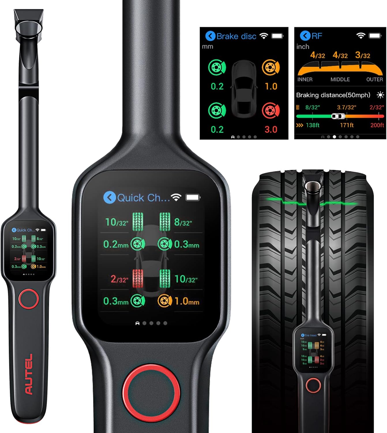 Tire Tread Depth Scan Tool Brake Disc Wear Scanner with 1.65” AMOLED Touchscreen, Dual Cameras, DOT Scan, Tire Expiration Notice, Covering for 99% of Tires
