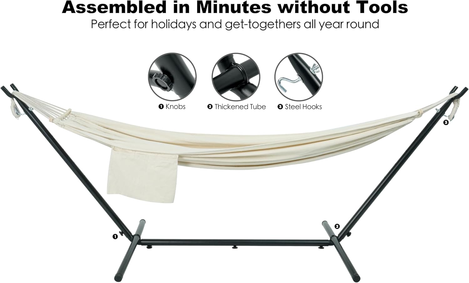 Double Hammock with Stand for Outside, Upgraded Spreader Bar, Heavy Duty Space Saving Steel Stand 2 Person, Convenient Pocket, Easy Assembly, 600lbs Weight Capacity, Indoor & Outdoor