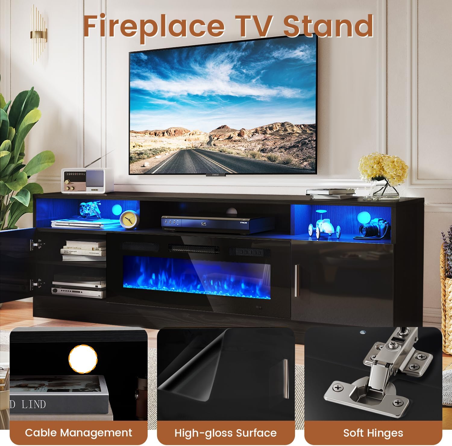 80" Fireplace TV Stand with Power Outlet, Entertainment Center with 36" Fireplace for TVs Up to 90", Modern TV Console for Living Room with High Gloss Storage Cabinet & LED Lights