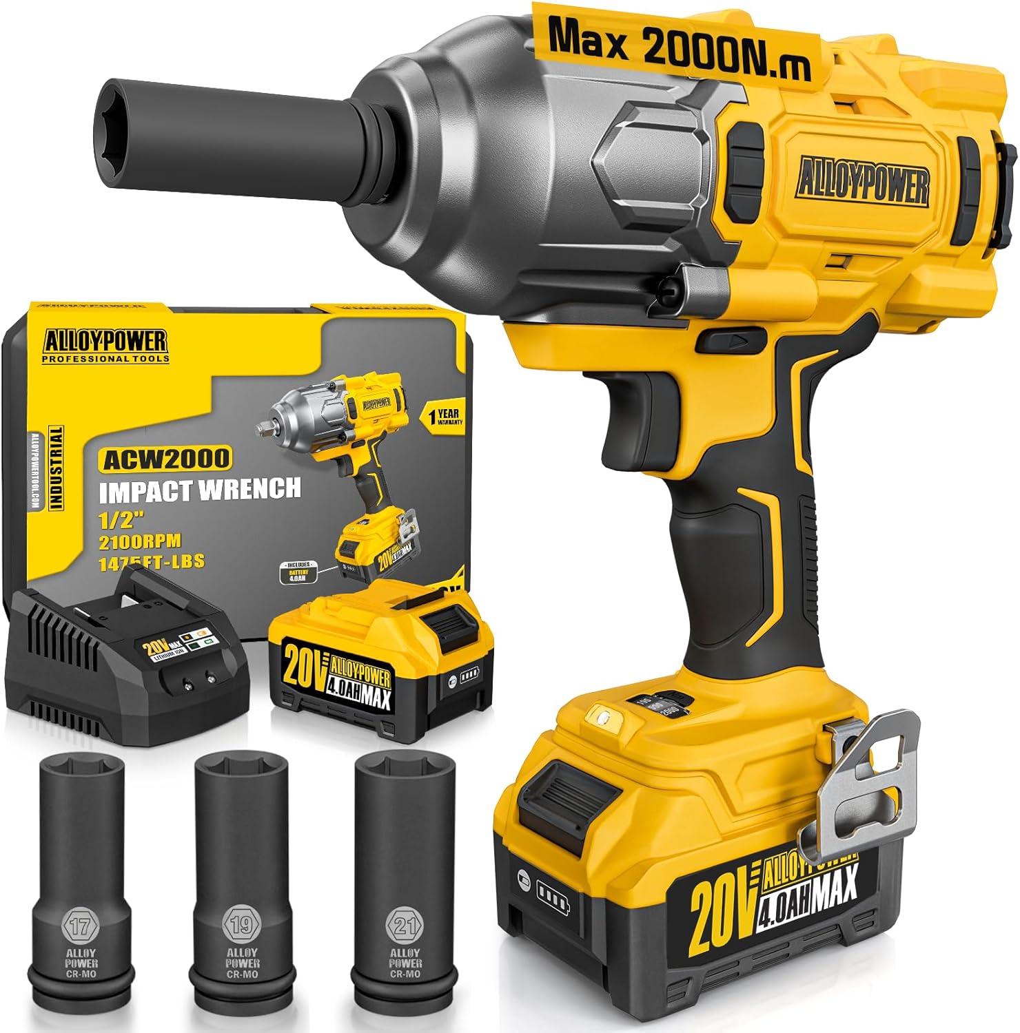 Cordless Brushless Impact Wrench, 1475 ft-lbs (2000N.m), 1/2 High Torque power impact gun, 3-Mode Speed, 4000mAh Battery