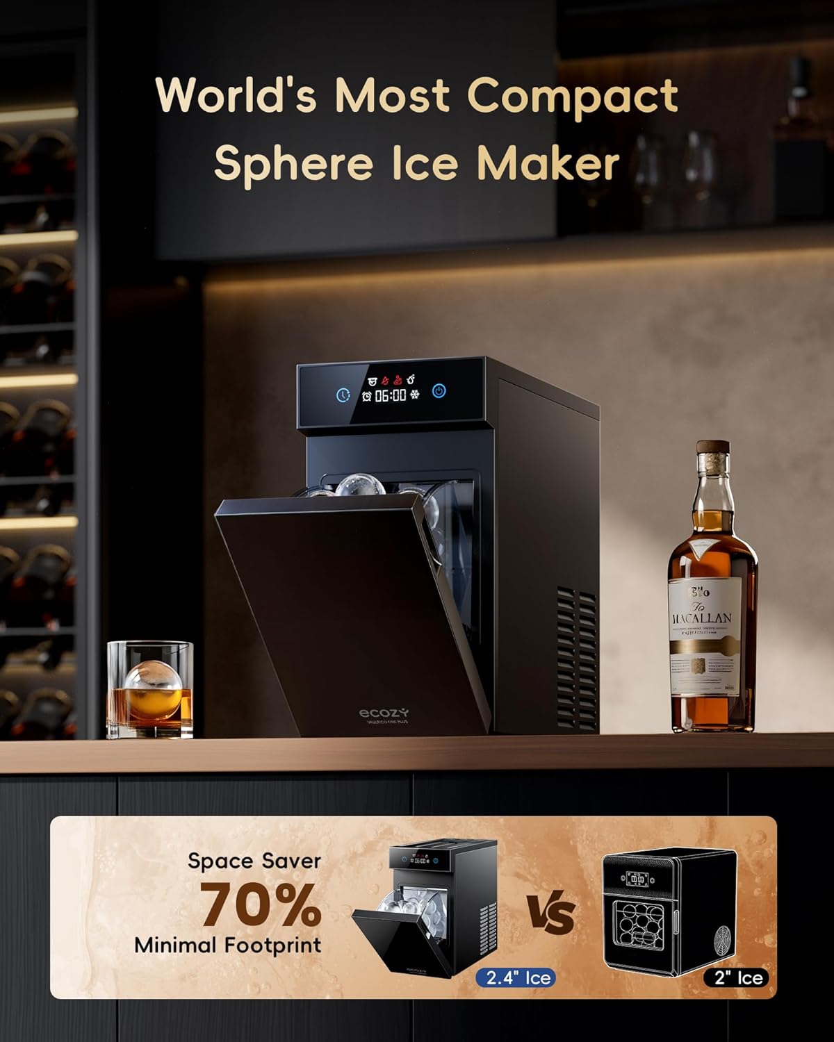 2.4" Clear Ice Ball Maker Countertop with CrystalFlux Technology, Minimal Footprint Sphere Ice Maker with 8H Timer, 1 pcs in 40 Mins, 32 pcs/Day, Self-Cleaning for Home Bar Whiskey & Bourbon