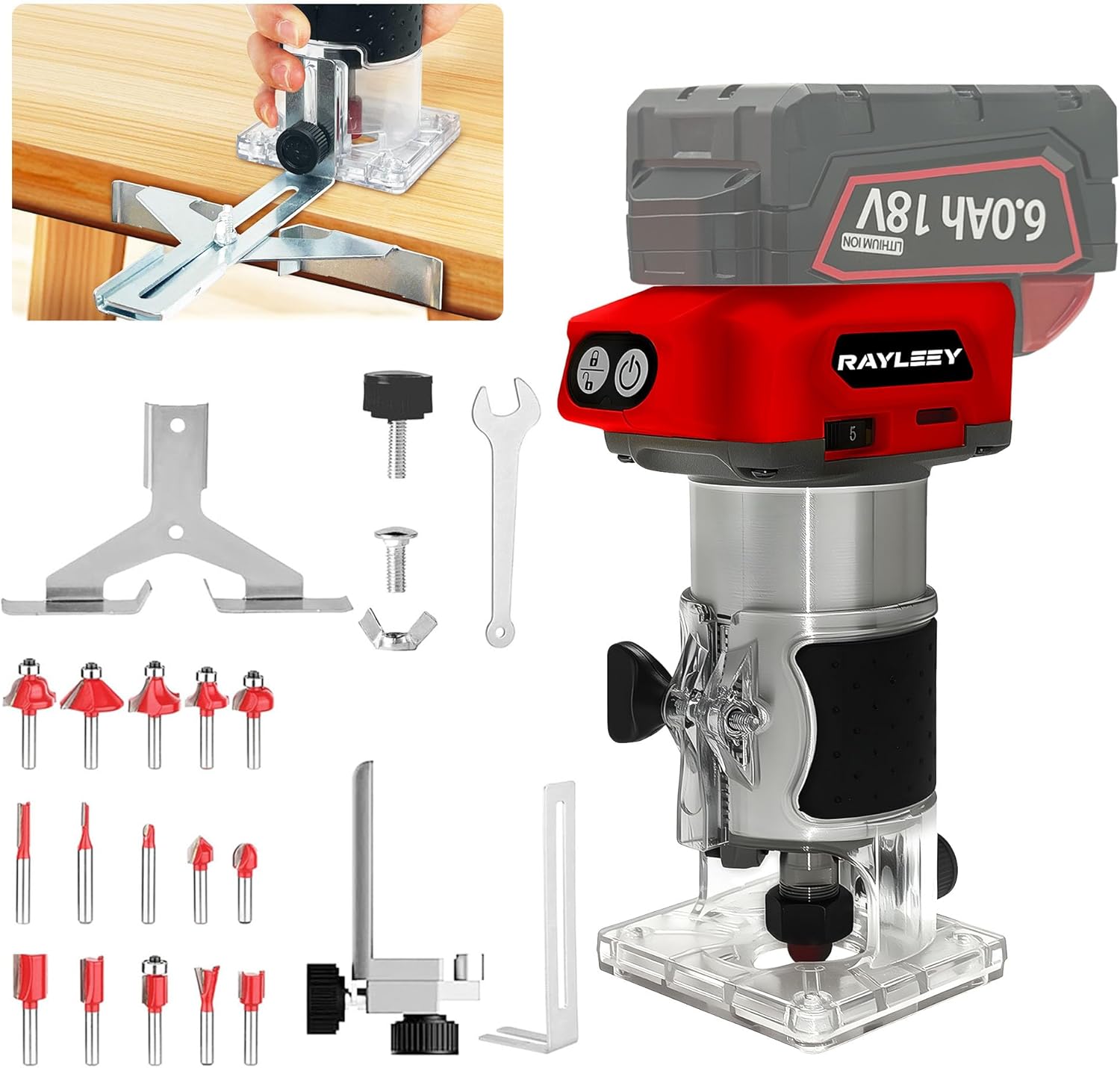 Cordless Wood Router Trimmer for  20V Battery, 6 Speeds Wood Trimmer Set, 800W 30000 RPM Brushless Motor Hand Palm Router(NO Battery)
