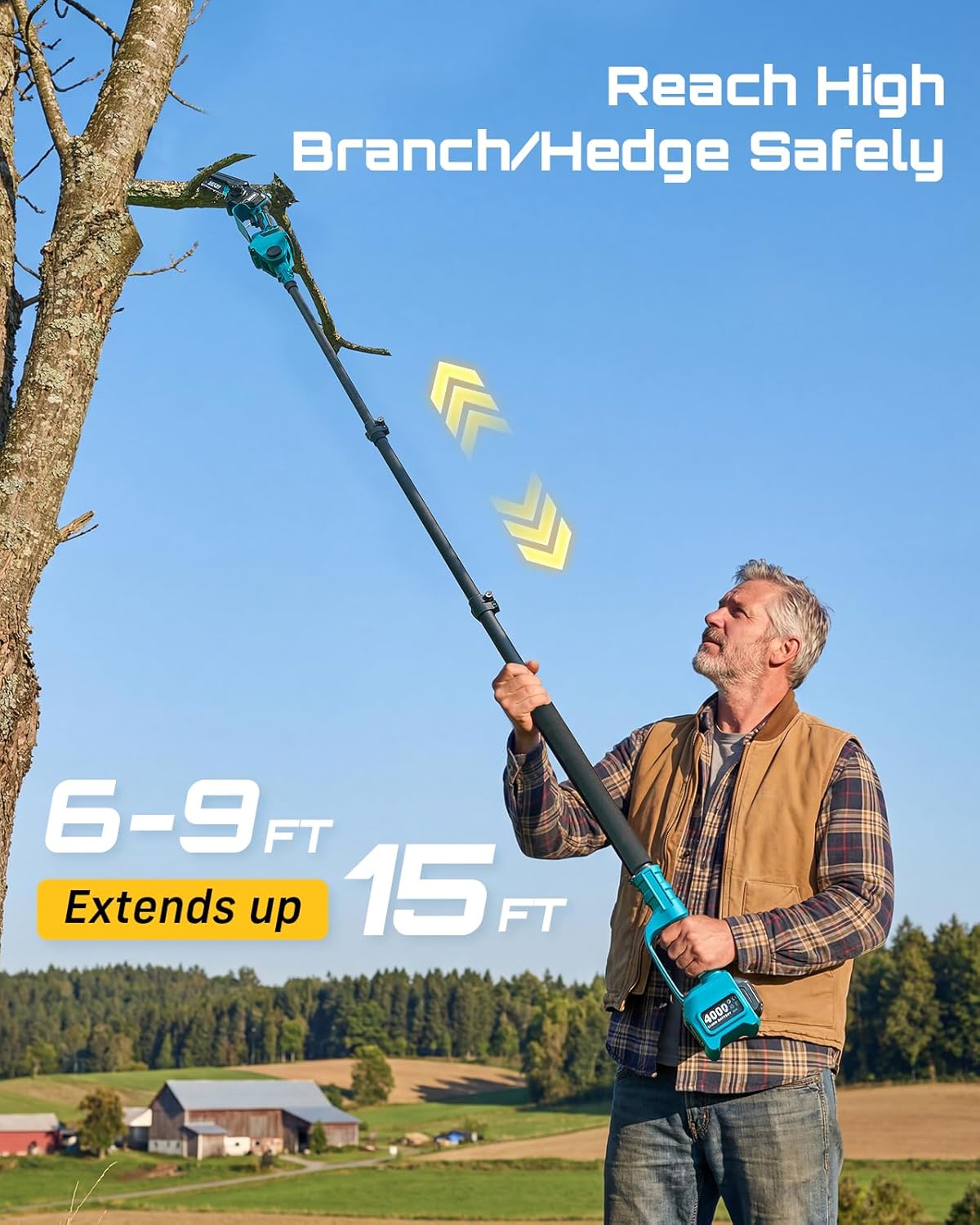 6-in-1 Cordless Pole Saw & Hedge Trimmer Combo, Electric Mini Chainsaw with 2×4.0 Ah Batteries, Extendable Tree Pruner, Bush Trimmer Limb Branch Cutter, Grass Shears, 15Ft Long Reach