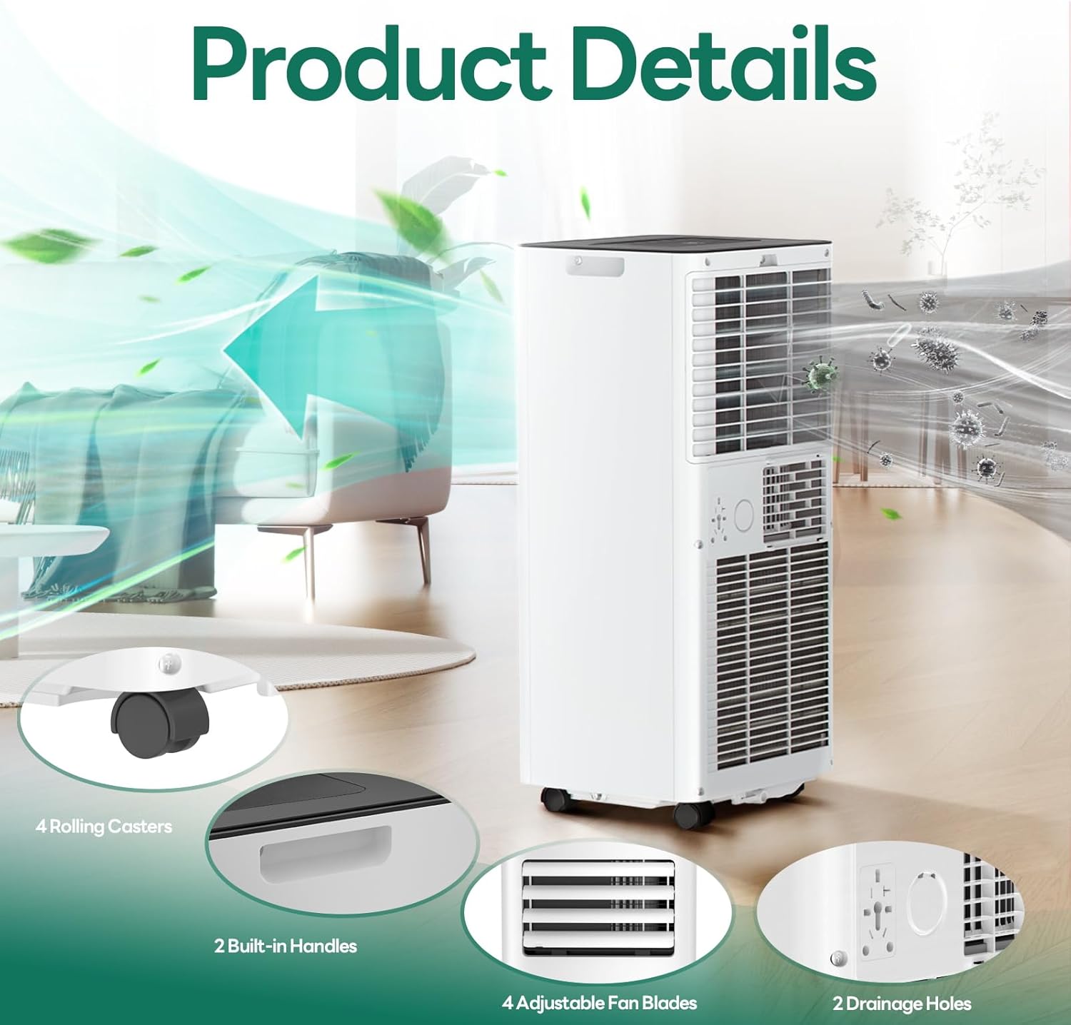 Portable Air Conditioner – 4-in-1 AC, Dehumidifier & Fan, Quiet, Remote Control, Sleep Mode, 24H Timer, for Rooms up to 450 sq.ft