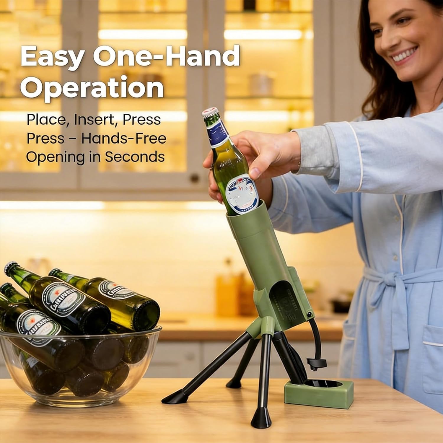 Beer Bottle Mortar Bottle Opener, 51mm Mortar Beer Bottle Opener Heavy-Duty Tactical Cap Launcher Hands-Free Push Down Opener Men's Exclusive Space for Home Bar Desk Decor