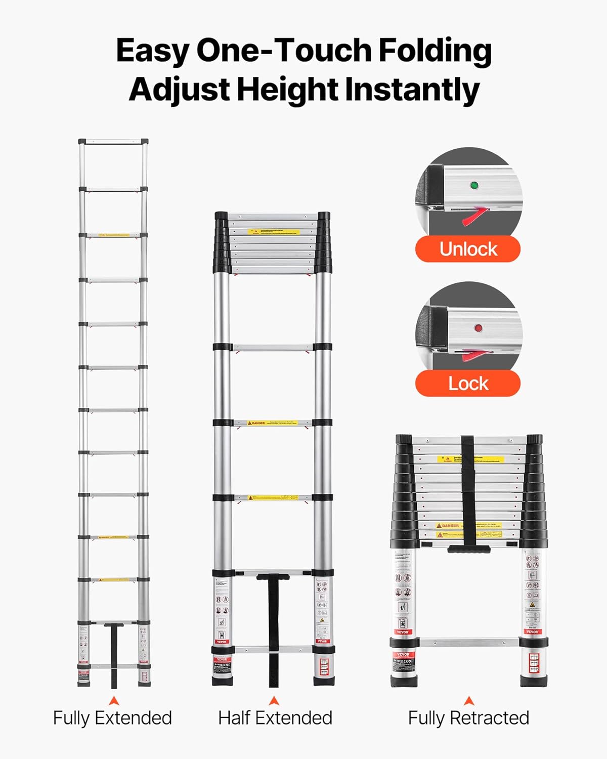 Telescoping Extension Ladder – Multi-Button Retractable, 400 lbs Capacity, Non-Slip Feet, Portable & Compact for Home & RV