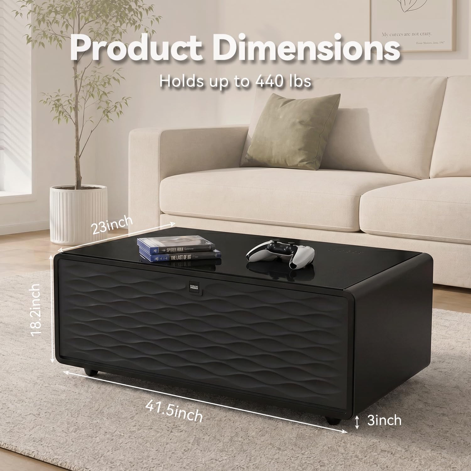 Smart Coffee Table, Living Room Table with Built in Fridge, 23" D x 41.5" W x 18.2" H, 15W Wireless Charging, USB Chargers and Speakers
