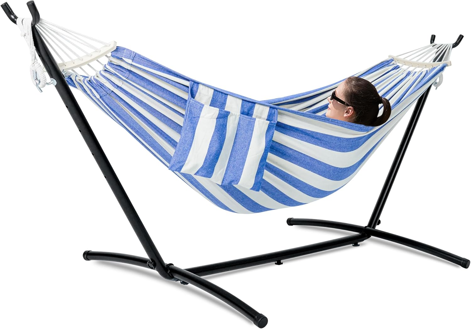 Double Hammock with Stand for Outside, Upgraded Spreader Bar, Heavy Duty Space Saving Steel Stand 2 Person, Convenient Pocket, Easy Assembly, 600lbs Weight Capacity, Indoor & Outdoor