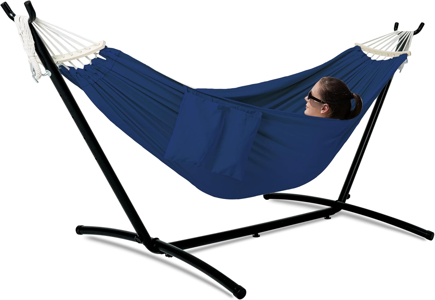 Double Hammock with Stand for Outside, Upgraded Spreader Bar, Heavy Duty Space Saving Steel Stand 2 Person, Convenient Pocket, Easy Assembly, 600lbs Weight Capacity, Indoor & Outdoor
