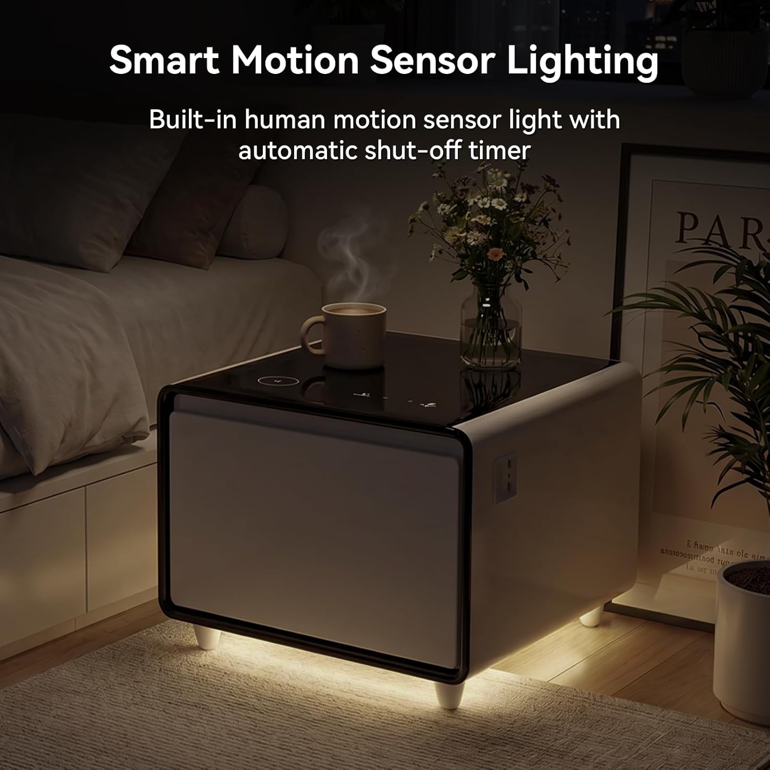 Smart Side Table, Nightstand with Built in Fridge, 27.7" D x 26.3" W x 18.1" H, Mini Coffee Table with 15W Wireless Charging, Modern End Table with USB Chargers and Outlets