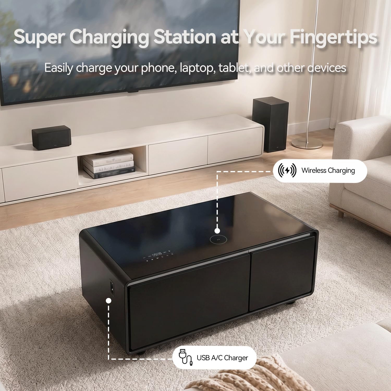 Smart Coffee Table, Living Room Table with Built in Fridge, 23" D x 41.5" W x 18.2" H, 15W Wireless Charging, USB Chargers and Speakers