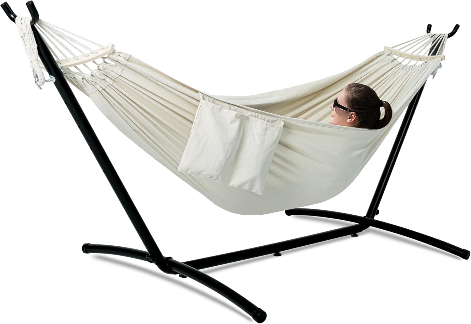 Double Hammock with Stand for Outside, Upgraded Spreader Bar, Heavy Duty Space Saving Steel Stand 2 Person, Convenient Pocket, Easy Assembly, 600lbs Weight Capacity, Indoor & Outdoor