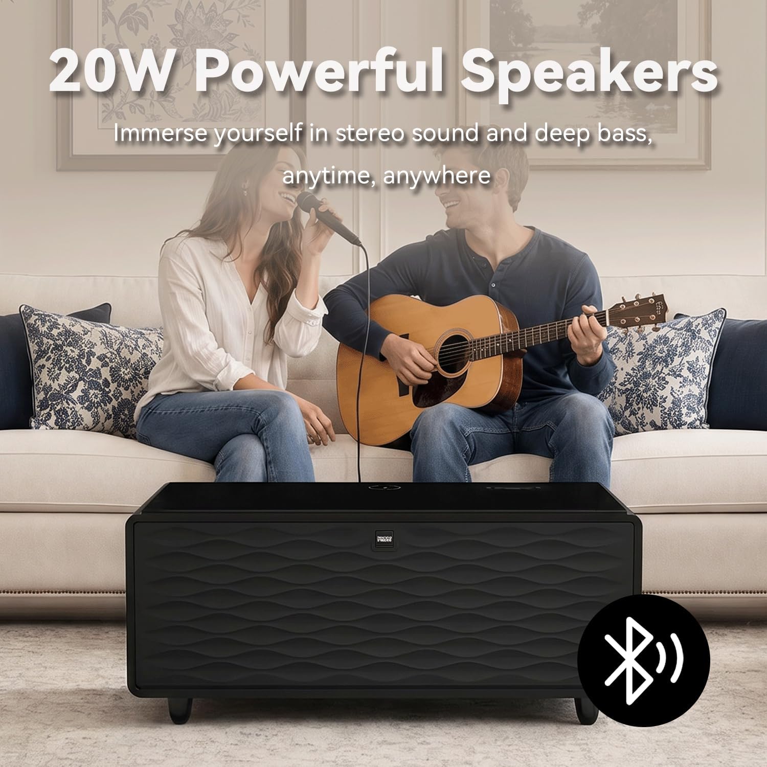 Smart Coffee Table, Living Room Table with Built in Fridge, 23" D x 41.5" W x 18.2" H, 15W Wireless Charging, USB Chargers and Speakers