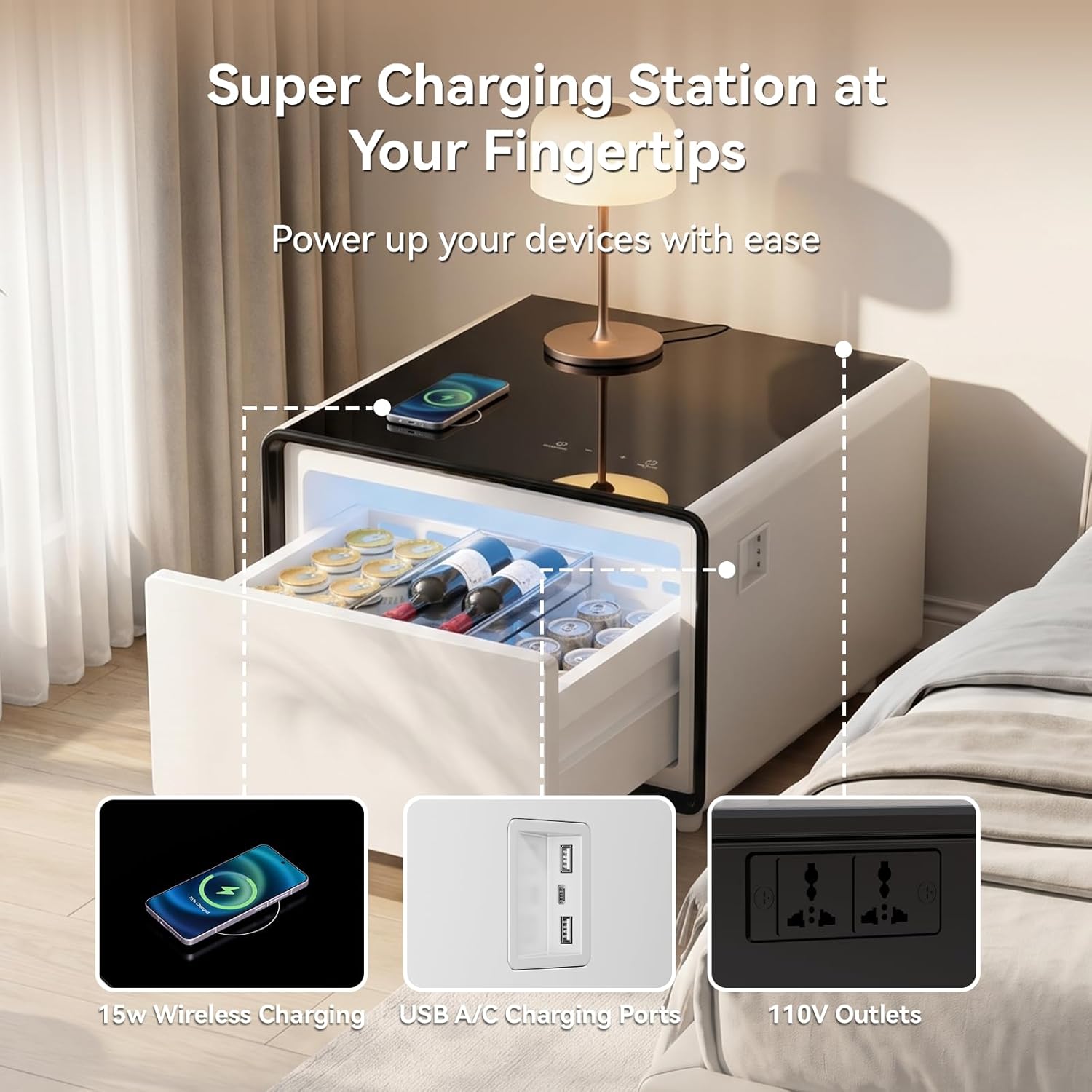 Smart Side Table, Nightstand with Built in Fridge, 27.7" D x 26.3" W x 18.1" H, Mini Coffee Table with 15W Wireless Charging, Modern End Table with USB Chargers and Outlets