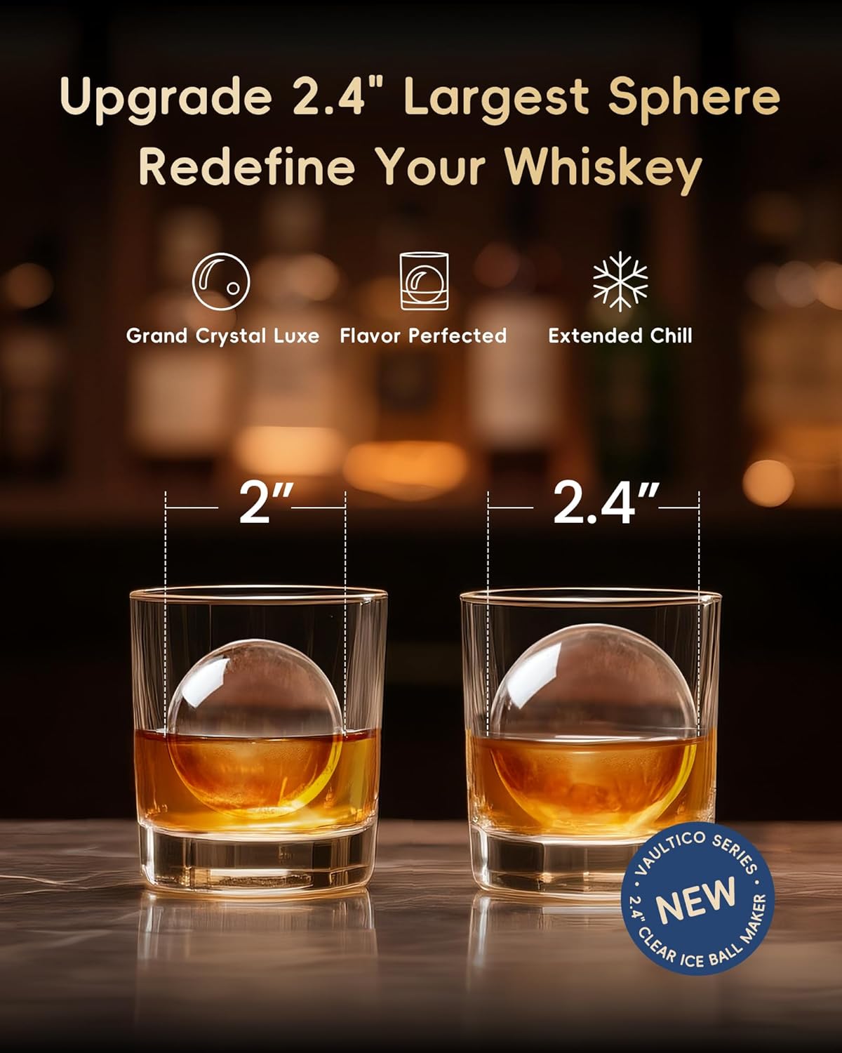 2.4" Clear Ice Ball Maker Countertop with CrystalFlux Technology, Minimal Footprint Sphere Ice Maker with 8H Timer, 1 pcs in 40 Mins, 32 pcs/Day, Self-Cleaning for Home Bar Whiskey & Bourbon