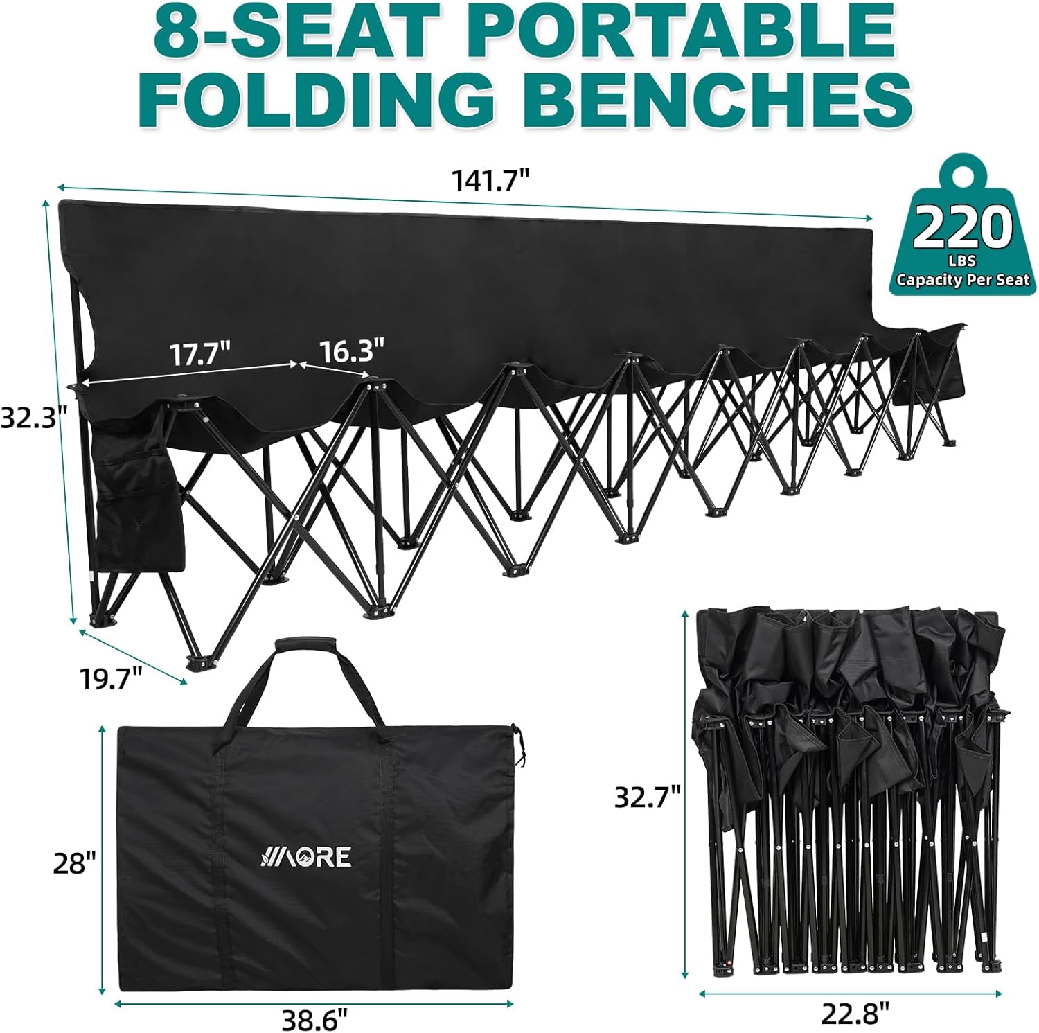 Portable Folding Sideline Bench – 8-Seat Outdoor Team Bench with Backrest & Carry Bag for Sports, Camping & Fishing, Blue