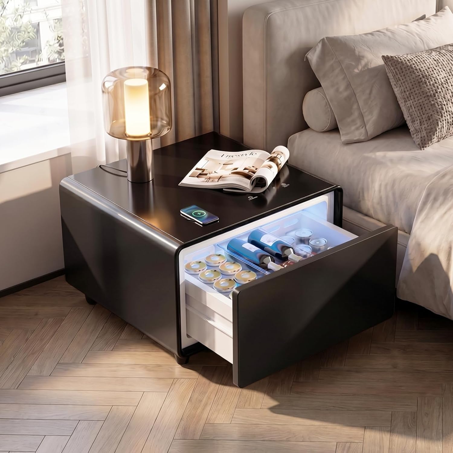 Smart Side Table, Nightstand with Built in Fridge, 27.7" D x 26.3" W x 18.1" H, Mini Coffee Table with 15W Wireless Charging, Modern End Table with USB Chargers and Outlets