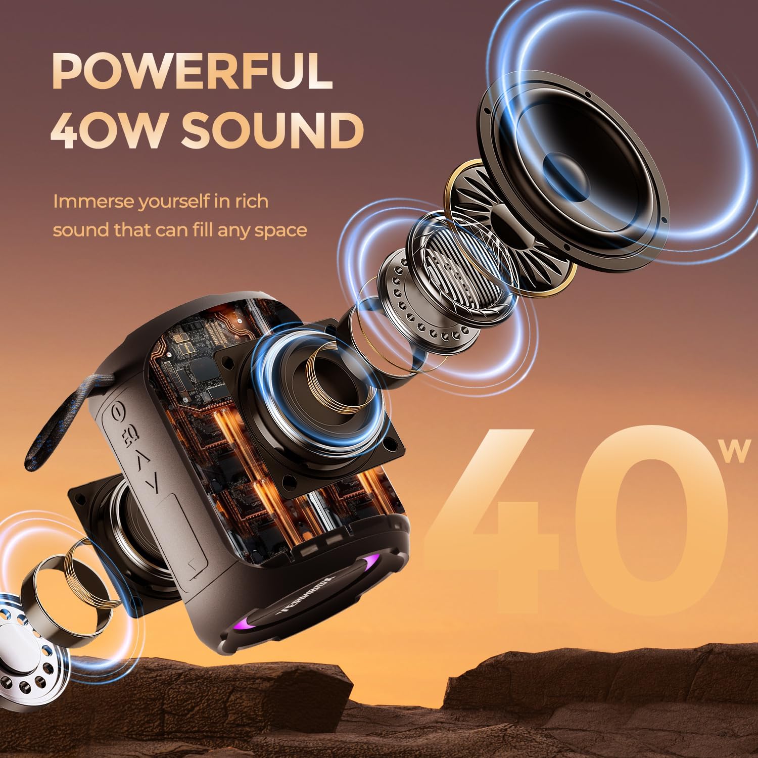 Portable Bluetooth Speaker, Bluetooth 5.3 40W Wireless Stereo with Deep Bass, RGB Lights, IPX7 Waterproof, Long-Lasting Battery, TWS Pairing for Outdoor, Party, Shower & Home