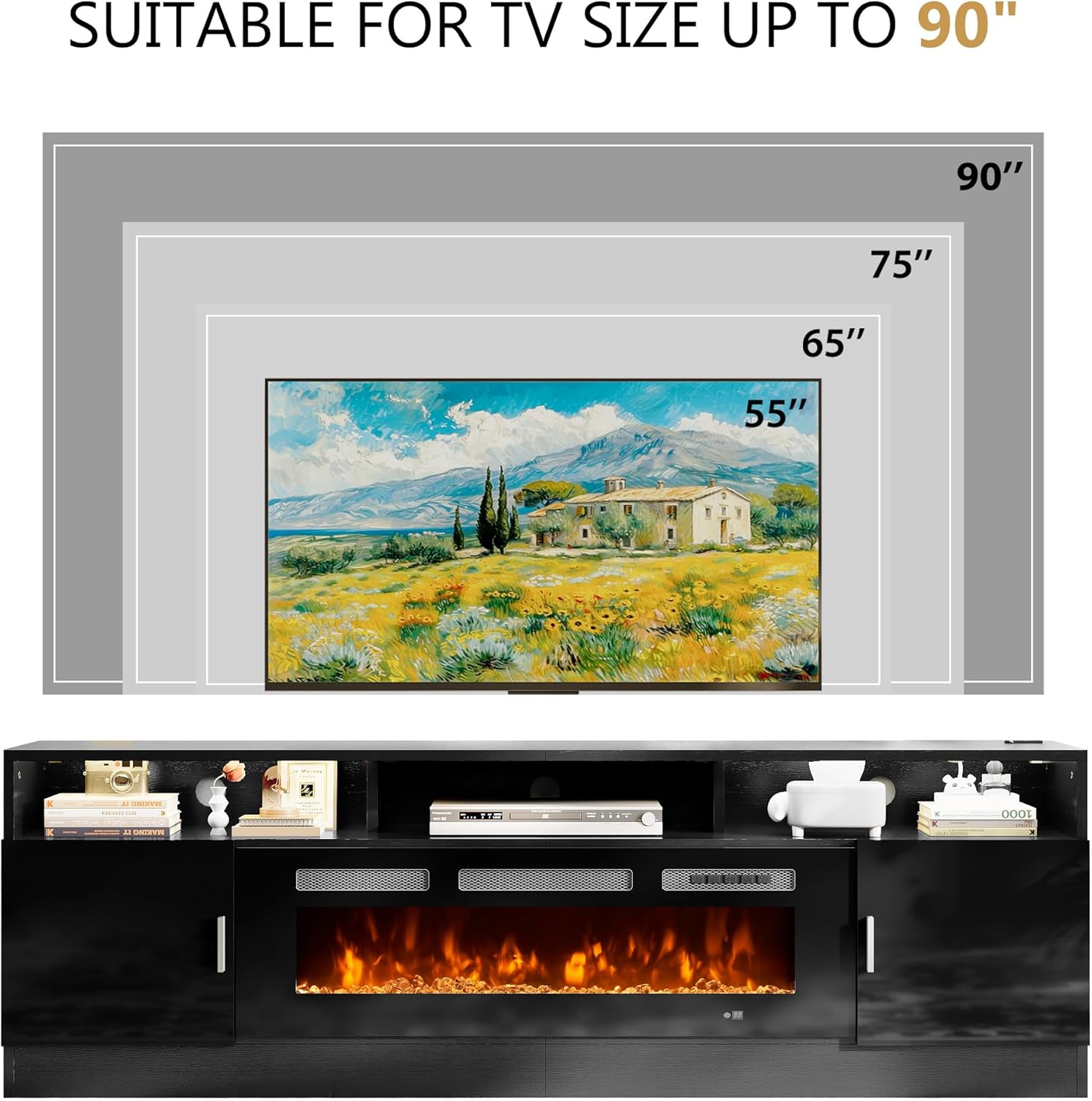 80" Fireplace TV Stand with Power Outlet, Entertainment Center with 36" Fireplace for TVs Up to 90", Modern TV Console for Living Room with High Gloss Storage Cabinet & LED Lights