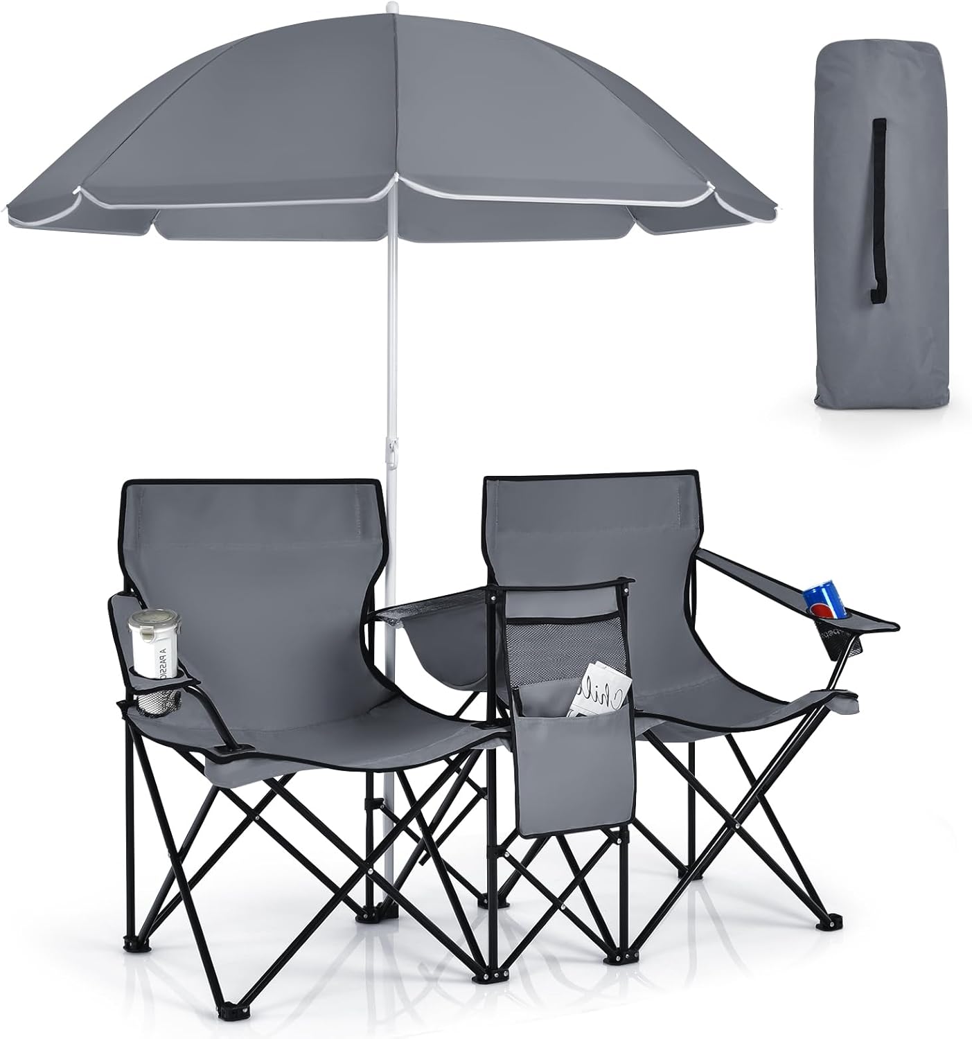 Double Camping Chair, Folding Camp Chair with Removable Umbrella, Cup Holders, Cooler Bag, Side Pocket & Carry Bag, 2-Person Beach Chair for Outdoor, Sports, Concerts, Travel, Picnic