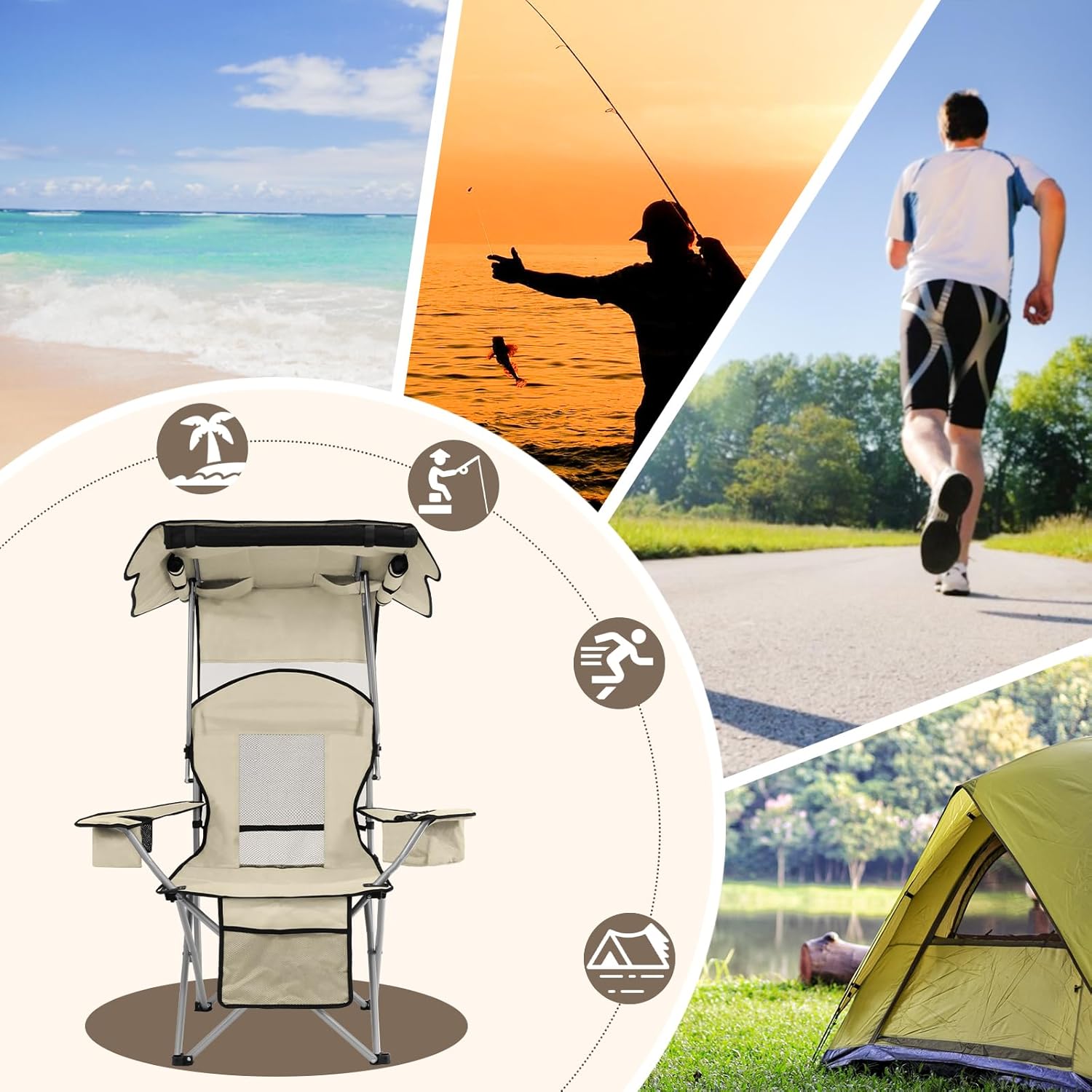 Camping Chair with Canopy Shade Portable Folding Beach Chairs with Cooler, Mesh Backrest, Cup Holder, and Pocket for Camping, Fishing, Beach, and Sports