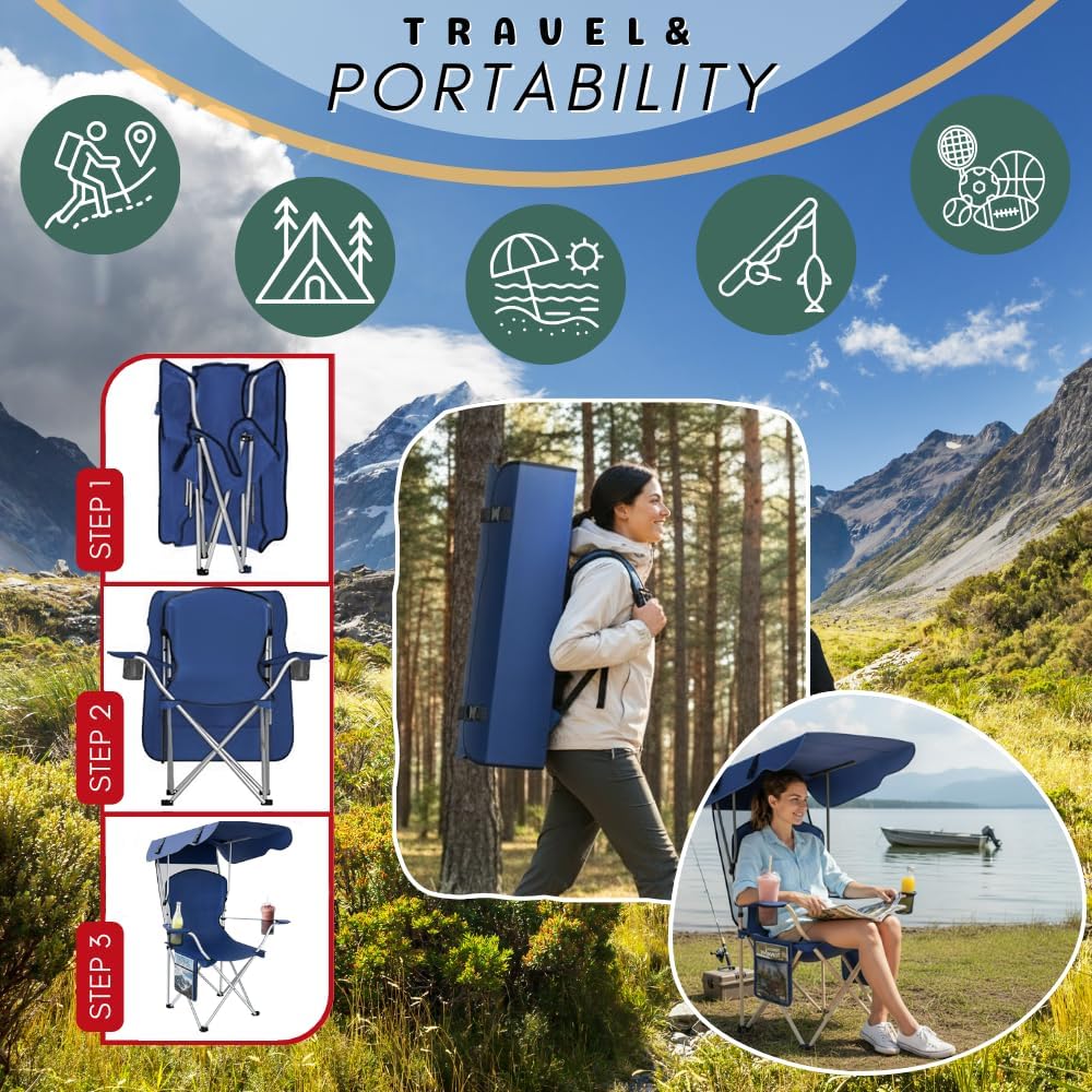 Portable Folding Camping Chairs with CanopyShade, Beach Chair for Adults, DurableWeather Resistant 600D Oxford Cloth,Camping Chair with Canopy for Outdoors