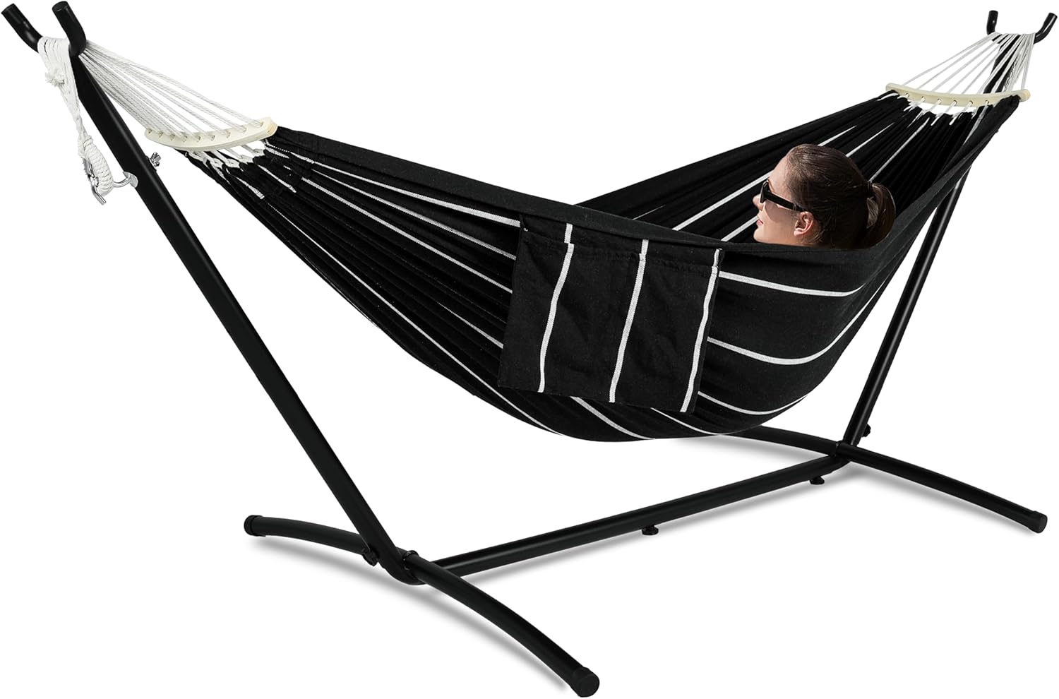 Double Hammock with Stand for Outside, Upgraded Spreader Bar, Heavy Duty Space Saving Steel Stand 2 Person, Convenient Pocket, Easy Assembly, 600lbs Weight Capacity, Indoor & Outdoor