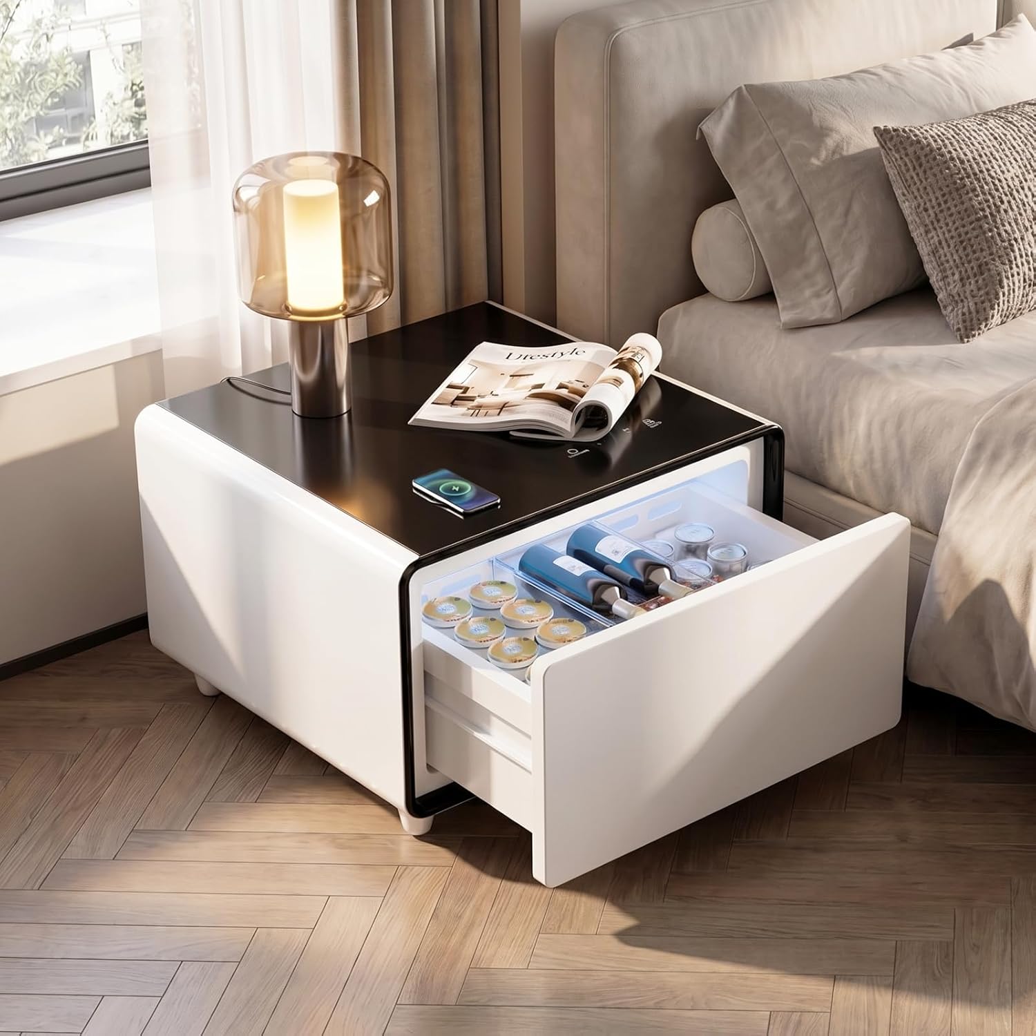 Smart Side Table, Nightstand with Built in Fridge, 27.7" D x 26.3" W x 18.1" H, Mini Coffee Table with 15W Wireless Charging, Modern End Table with USB Chargers and Outlets
