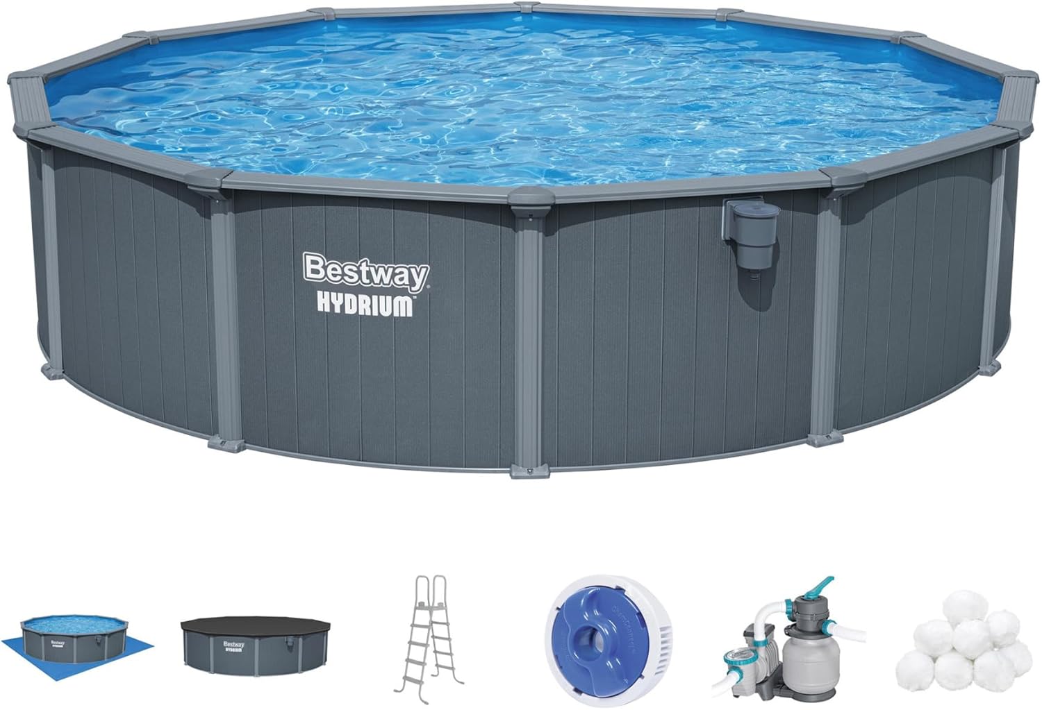 Hydrium Above Ground Swimming Pool, 15' x 48" Round Steel Wall Pool Set with Sand Filter Pump, Chemical Dispensers, and Accessories