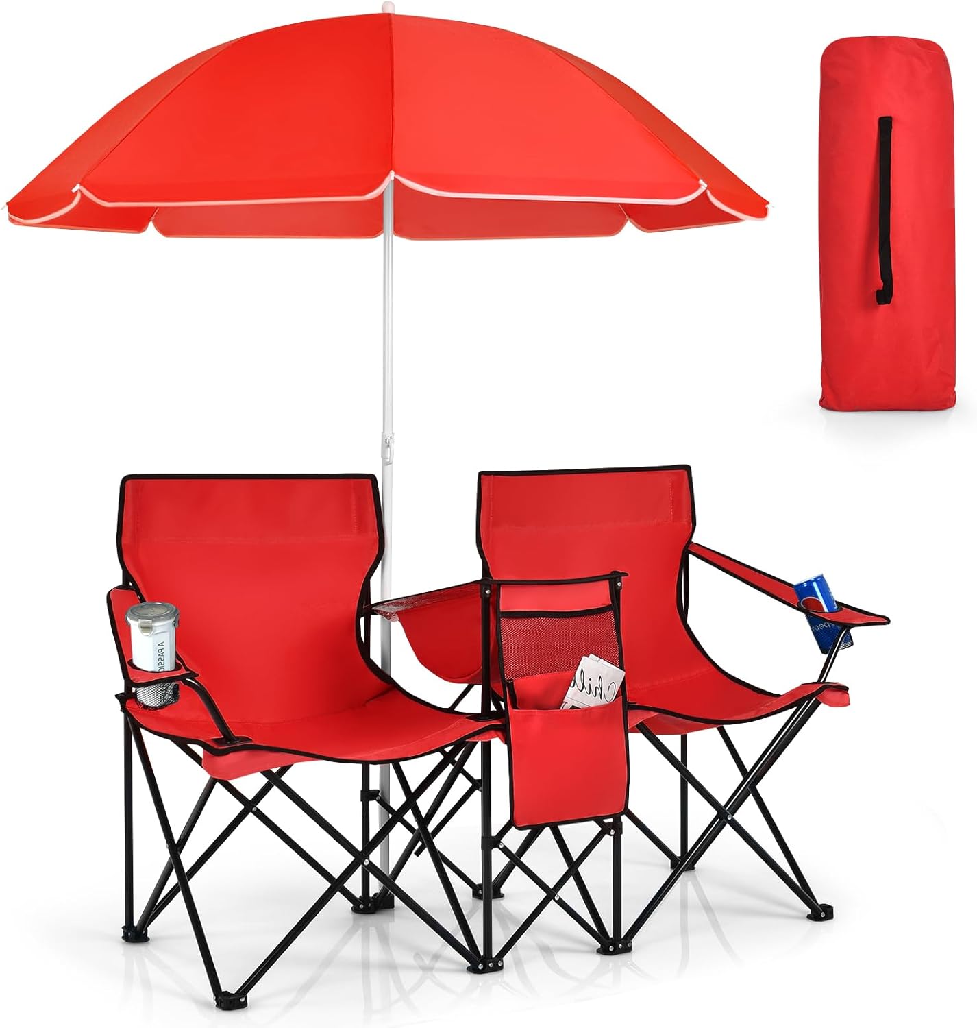 Double Camping Chair, Folding Camp Chair with Removable Umbrella, Cup Holders, Cooler Bag, Side Pocket & Carry Bag, 2-Person Beach Chair for Outdoor, Sports, Concerts, Travel, Picnic