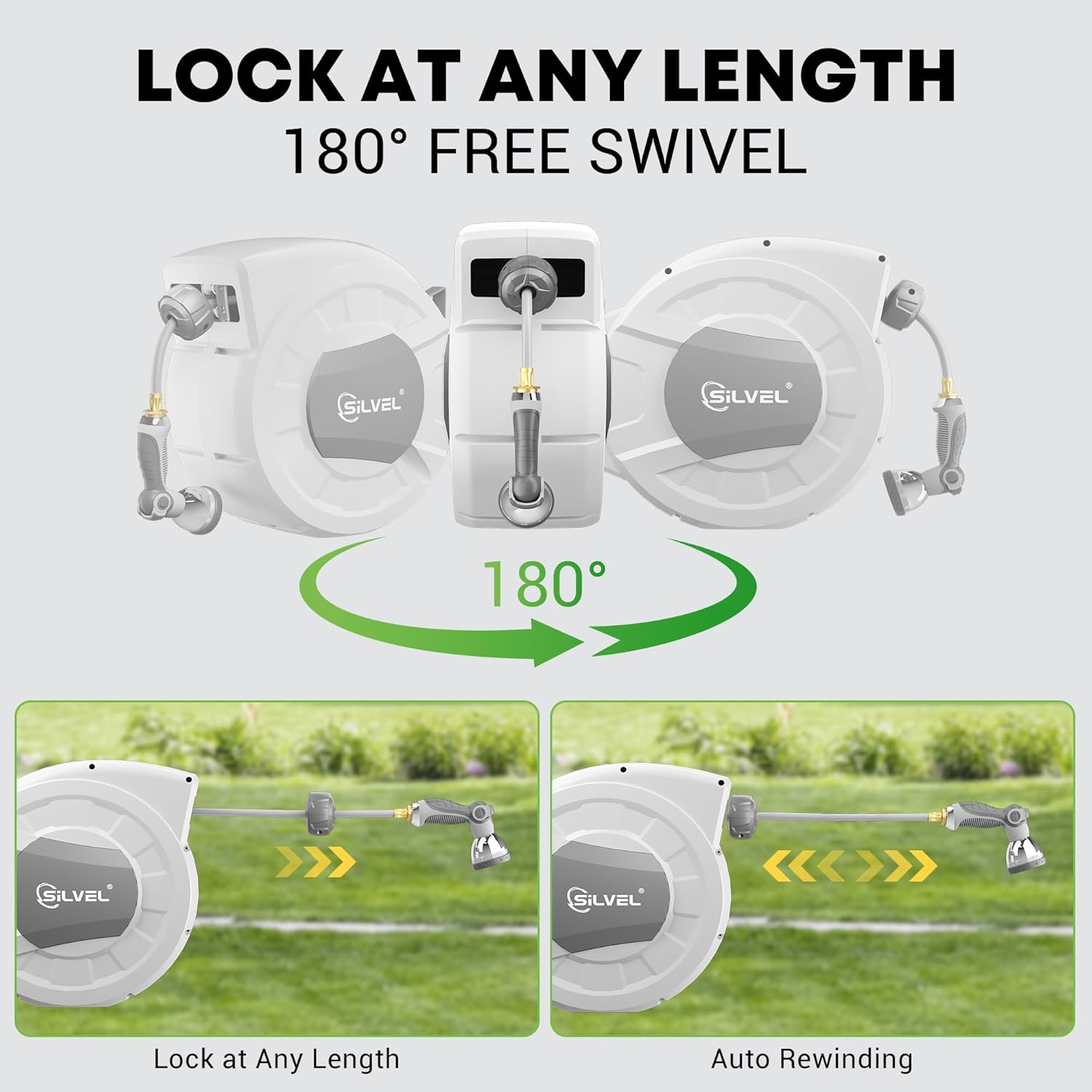 Retractable Garden Hose Reel, 1/2 in x 115ft Wall Mount Heavy Duty Automatic Hose Reel with 10 Pattern Spray Nozzle, Any Length Lock & Slow Return System, 180 Degree Swivel Bracket UV Resistant