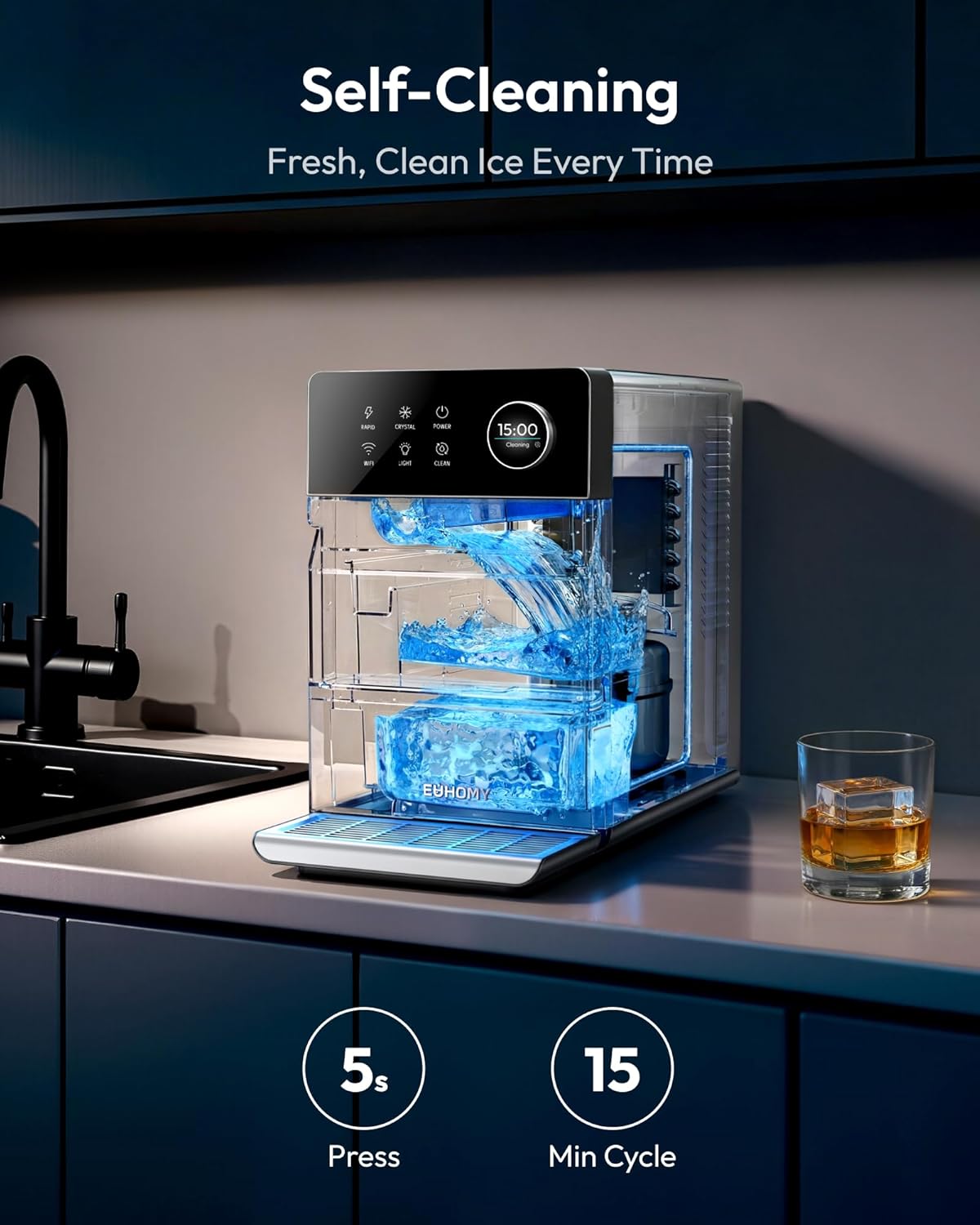 2'' Clear Ice Cube Maker Countertop with APP, 2 Square Ice Ready in 27 Mins for Whiskey, Slow-Melting & Self-Cleaning, 110 Pcs/Day, 24H Timer, Clear Ice Maker with Ice Tong for Home/Bar/Party