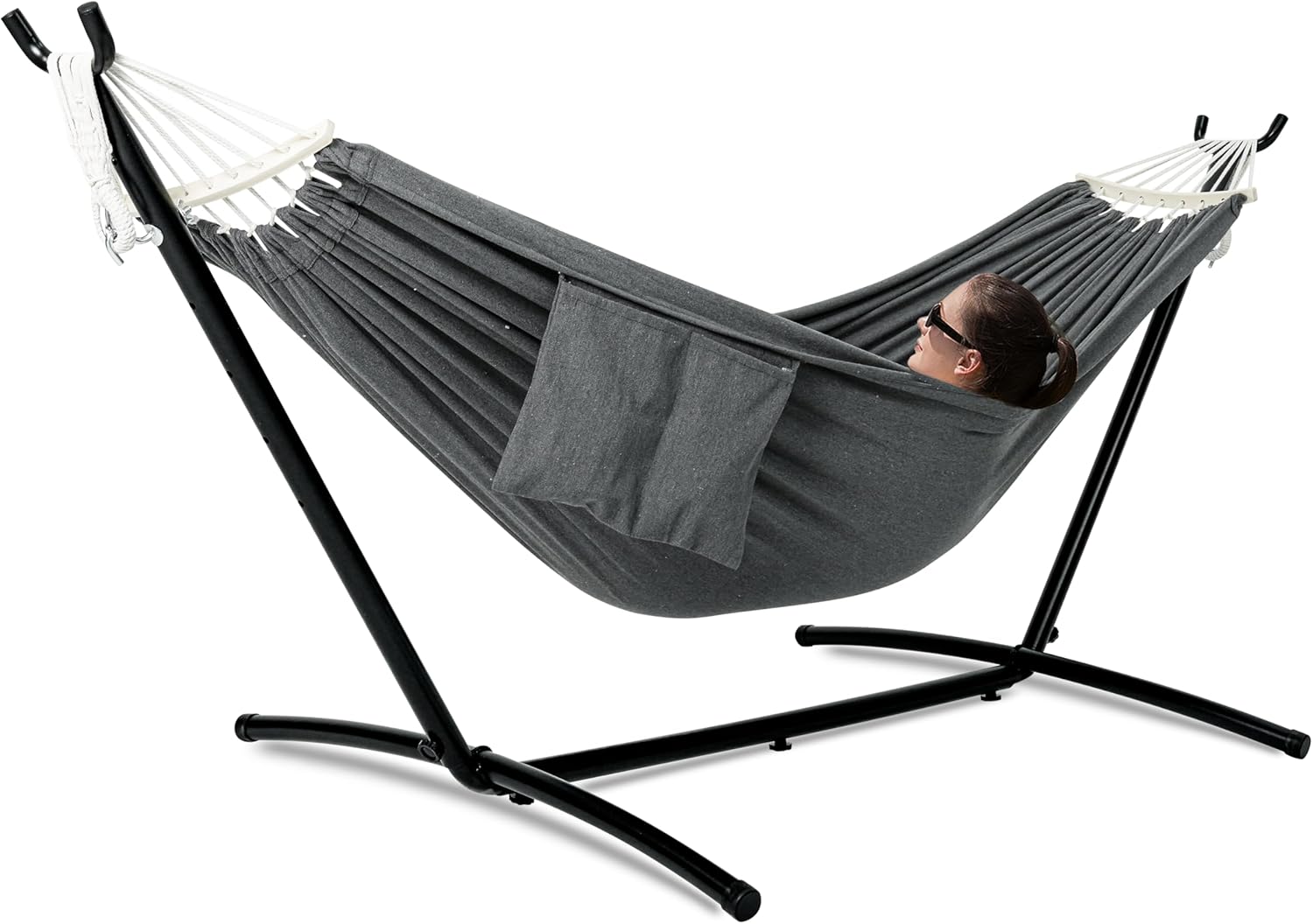 Double Hammock with Stand for Outside, Upgraded Spreader Bar, Heavy Duty Space Saving Steel Stand 2 Person, Convenient Pocket, Easy Assembly, 600lbs Weight Capacity, Indoor & Outdoor