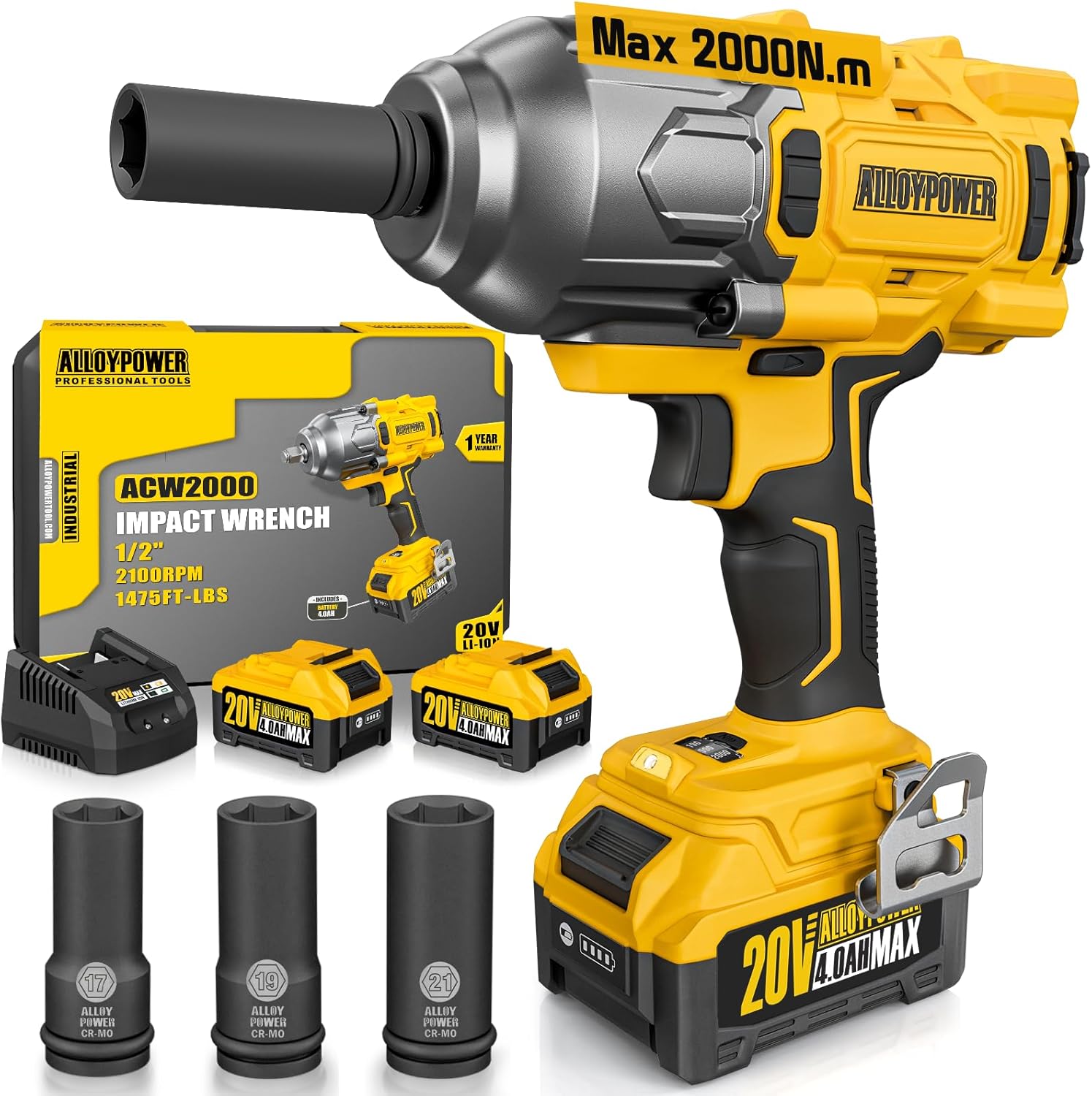 Cordless Brushless Impact Wrench, 1475 ft-lbs (2000N.m), 1/2 High Torque power impact gun, 3-Mode Speed, 4000mAh Battery