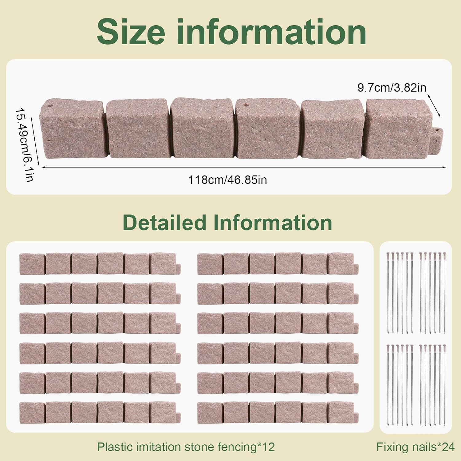 Faux Stone Landscape Edging Decorative Stone-Look Garden Border with 24 Pieces Spikes 12pcs for DIY Outdoor Yard Landscaping