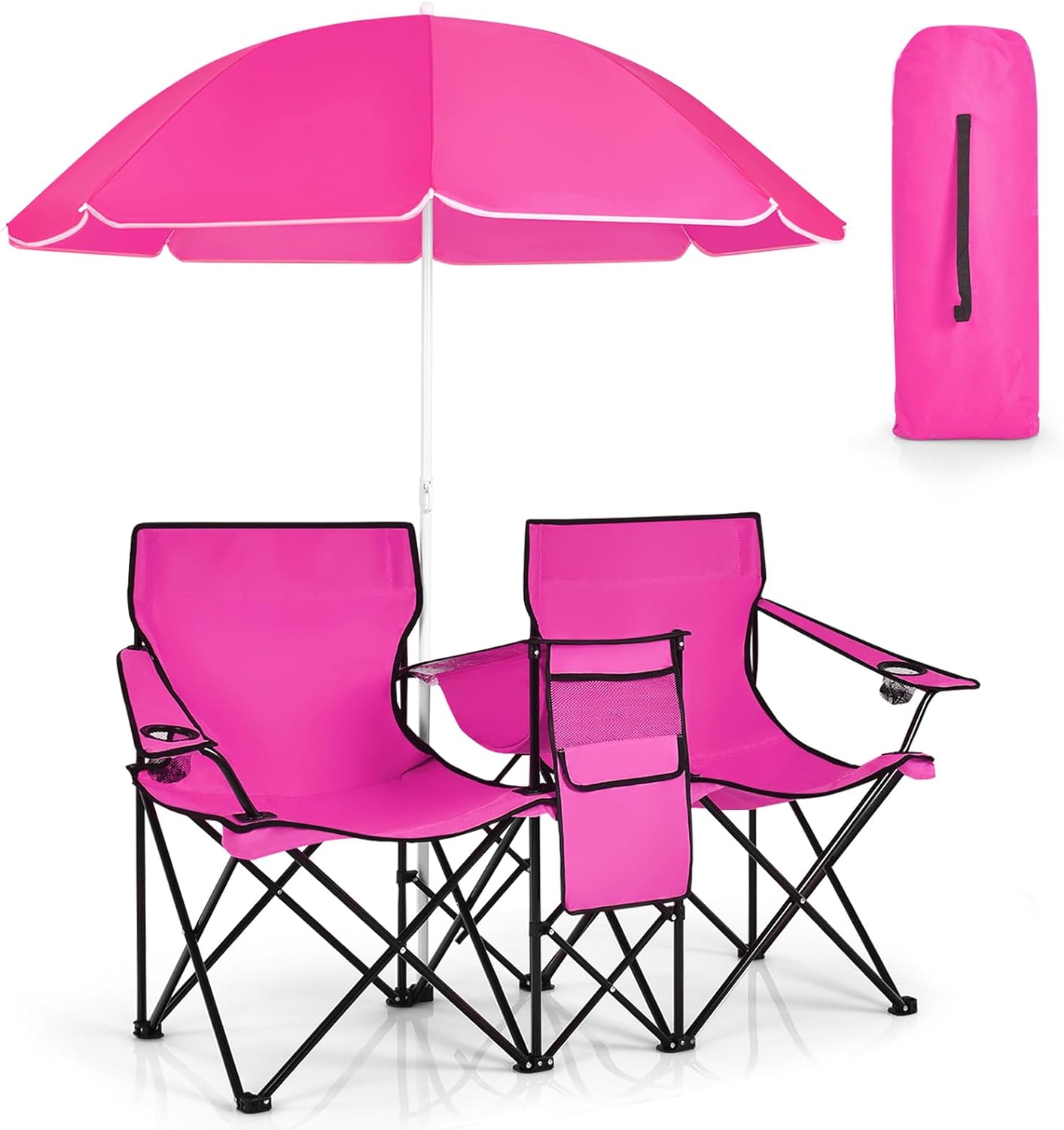 Double Camping Chair, Folding Camp Chair with Removable Umbrella, Cup Holders, Cooler Bag, Side Pocket & Carry Bag, 2-Person Beach Chair for Outdoor, Sports, Concerts, Travel, Picnic