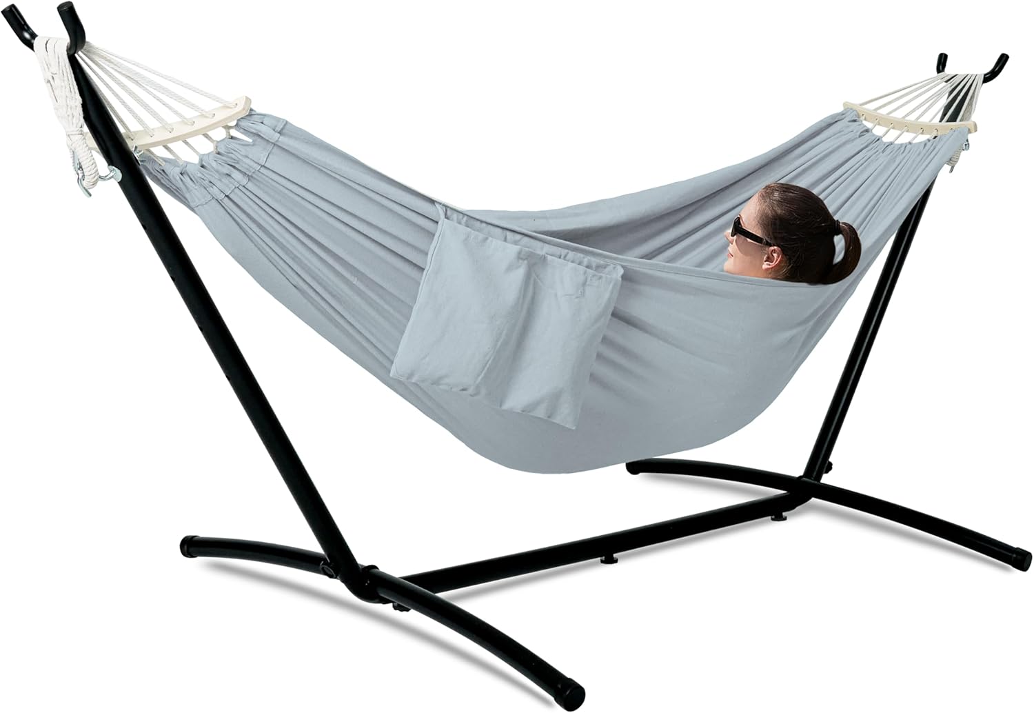 Double Hammock with Stand for Outside, Upgraded Spreader Bar, Heavy Duty Space Saving Steel Stand 2 Person, Convenient Pocket, Easy Assembly, 600lbs Weight Capacity, Indoor & Outdoor