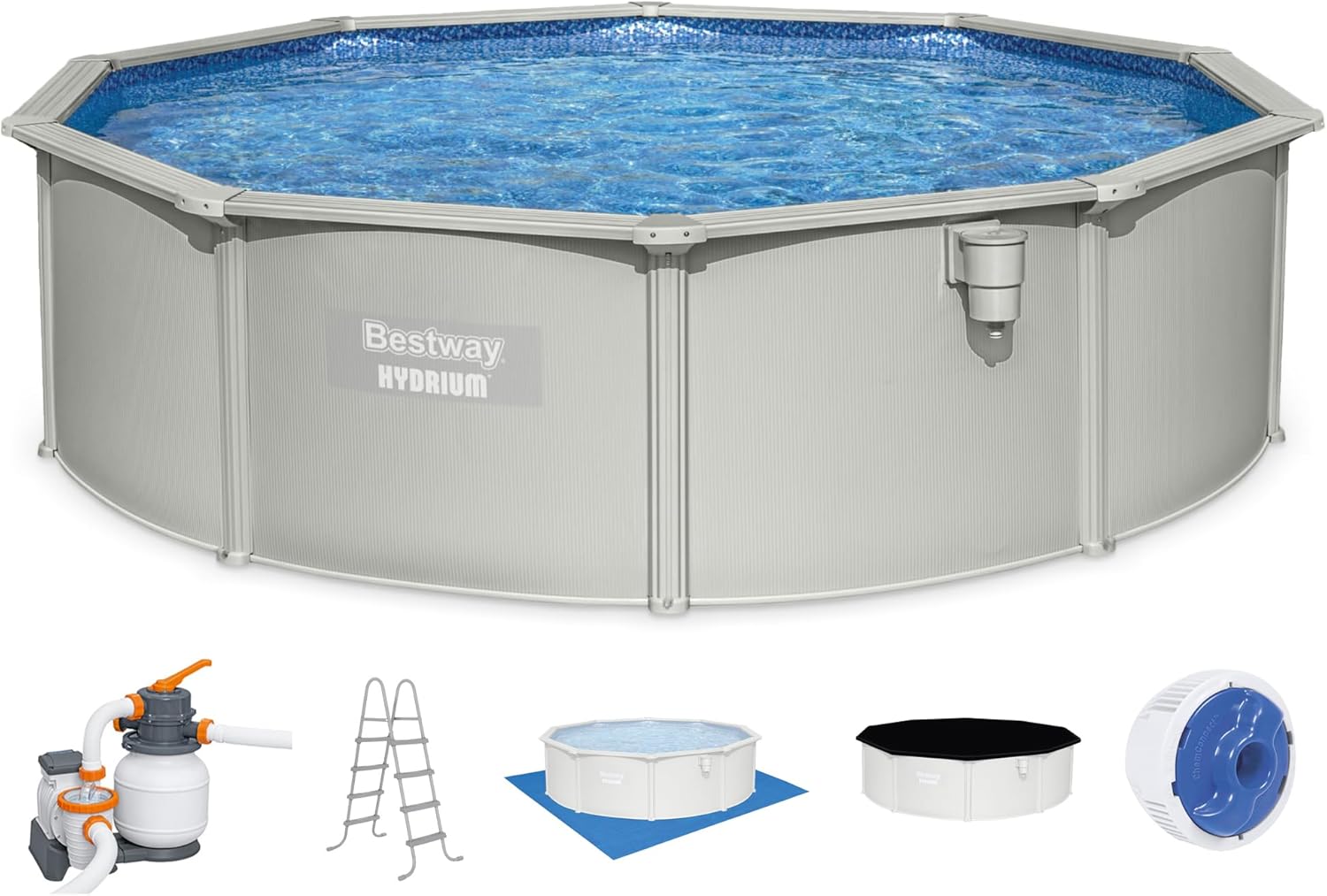 Hydrium Above Ground Swimming Pool, 15' x 48" Round Steel Wall Pool Set with Sand Filter Pump, Chemical Dispensers, and Accessories