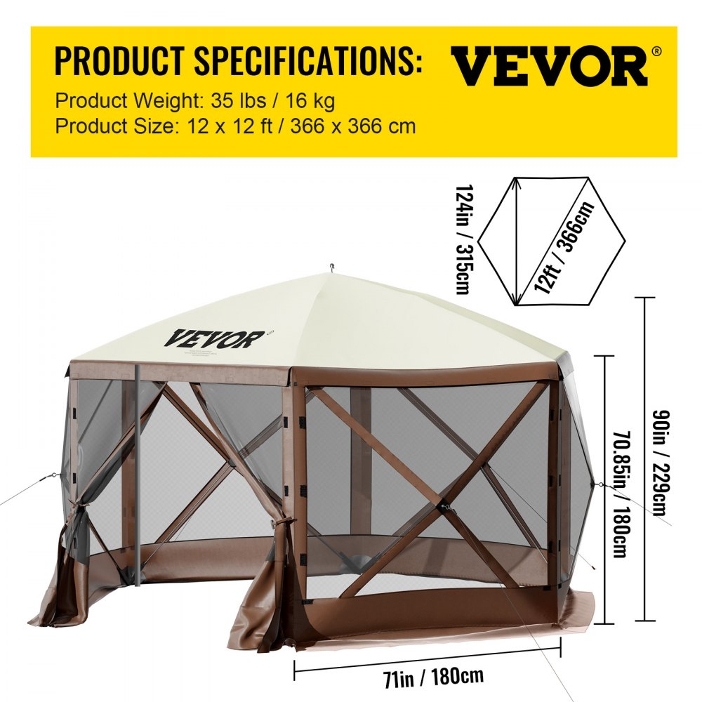 Special Offer Camping Gazebo Screen Tent, 12*12ft, 6 Sided Pop-up Canopy Shelter Tent with Mesh Windows, Portable Carry Bag, Stakes, Large Shade Tents for Outdoor Camping