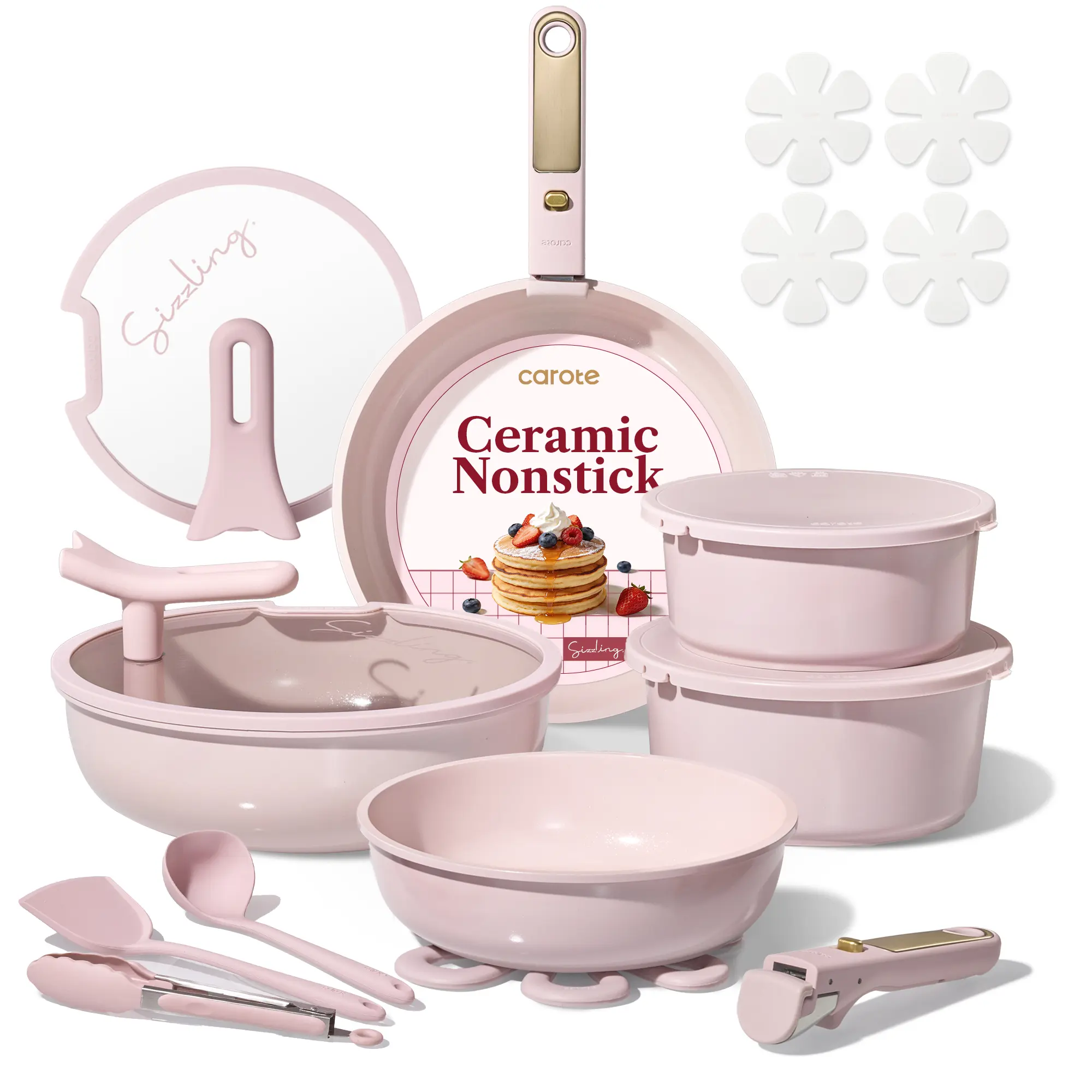 Macaron Color 20Pcs Ceramic Cookware Set Stand-Up Lid with Detachable Handle Set, Non Stick Pots and Pans Set Non Toxic, PFAS Free