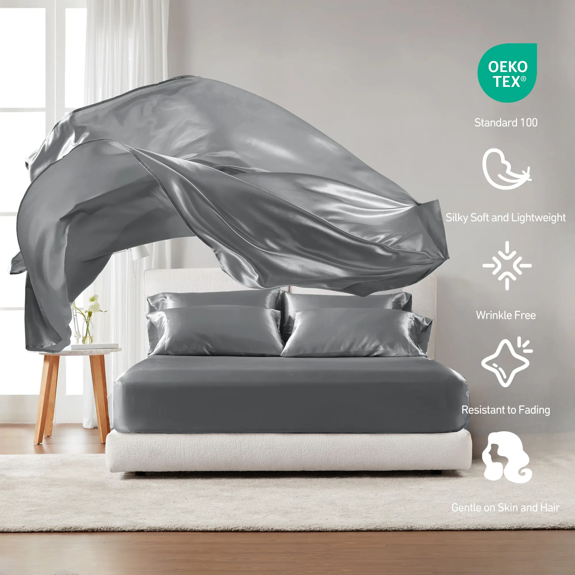 6 Piece Solid Color Satin Sheets Set