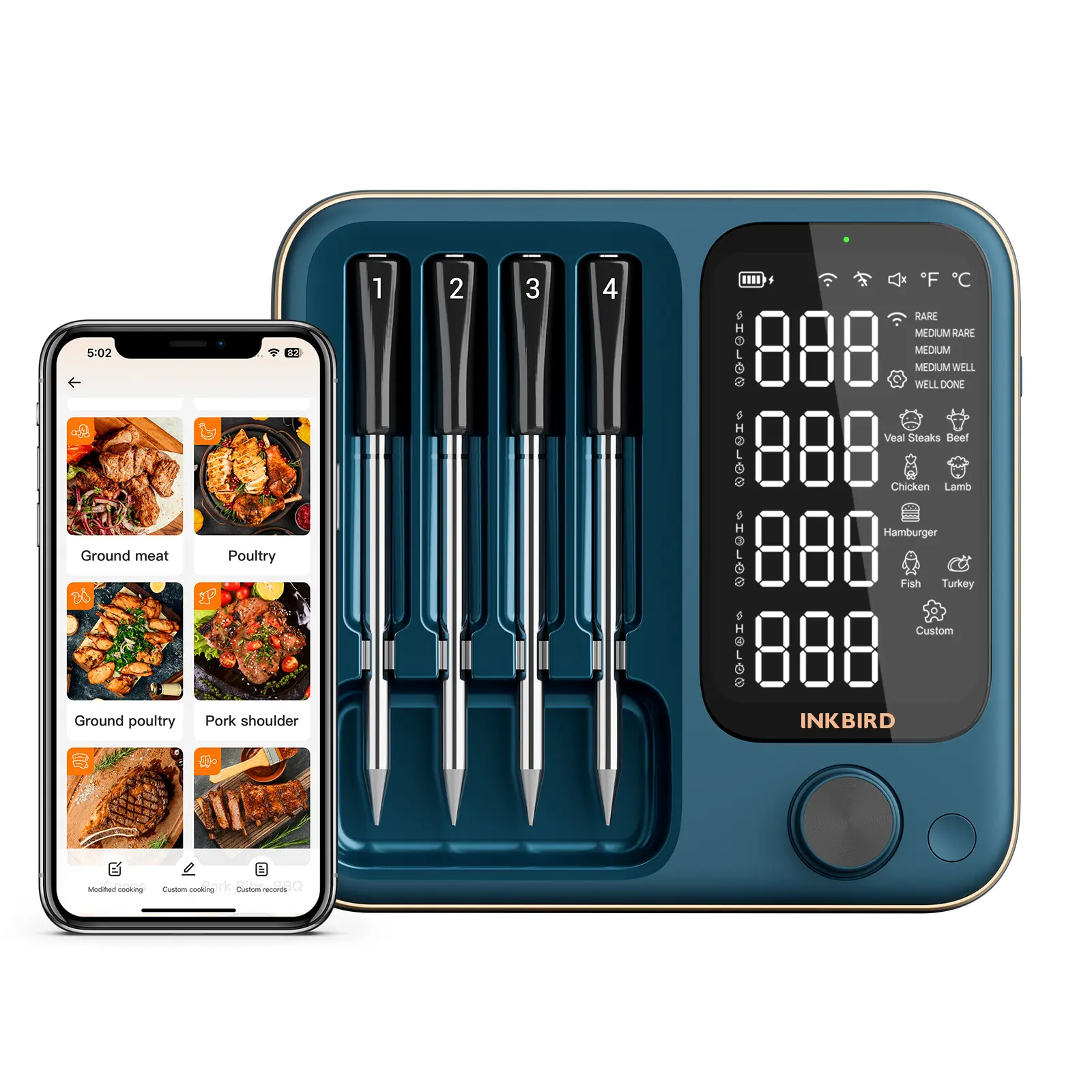 Wireless Digital Food Thermometer - WIFI & Bluetooth Portable LCD Kitchen Gadget, IP67 Waterproof Kitchen Thermometer for Grill BBQ, Cooking