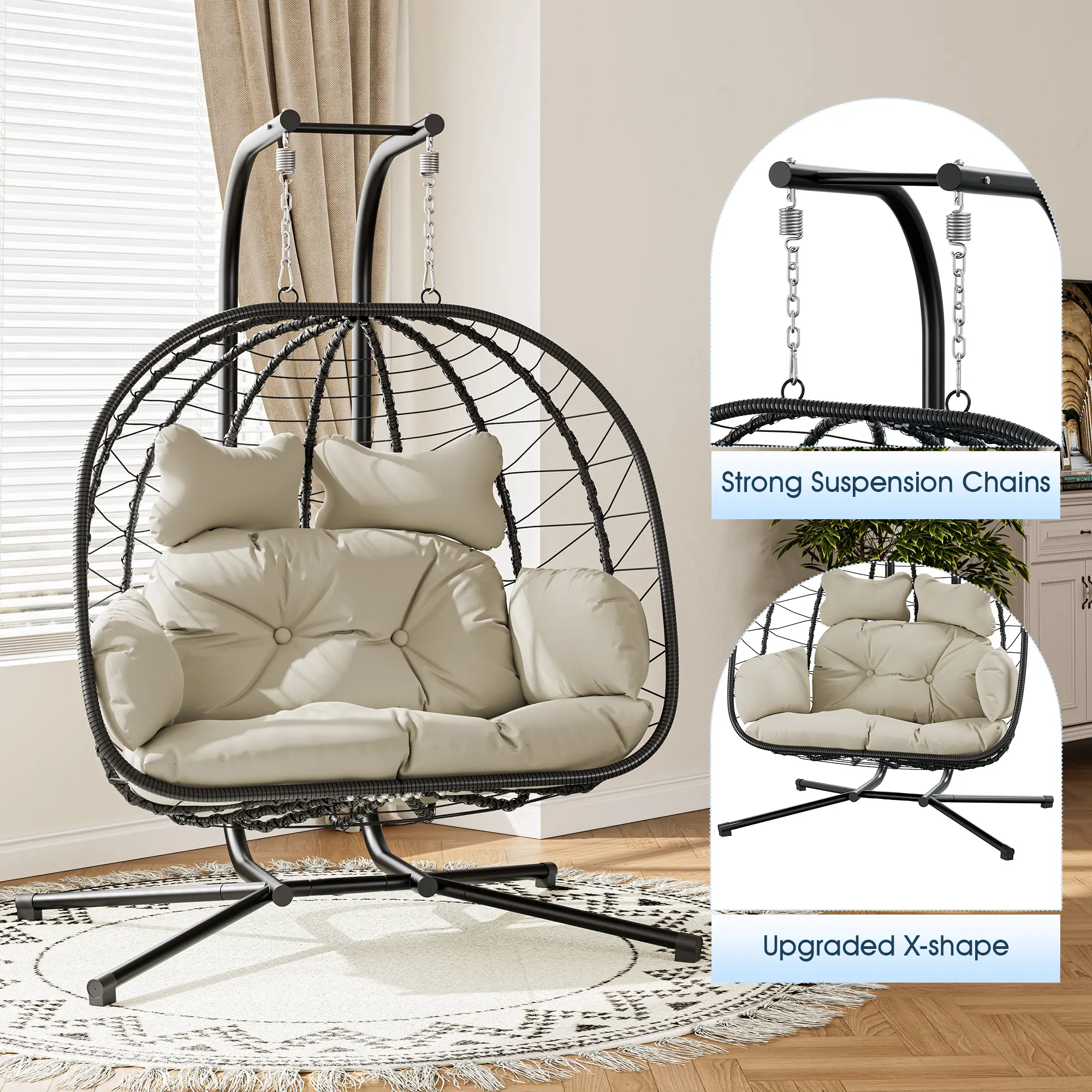 Double Hanging Egg Chair – Foldable Wicker Patio Swing with Cushions, Rust-Resistant Frame & 700 lb Capacity